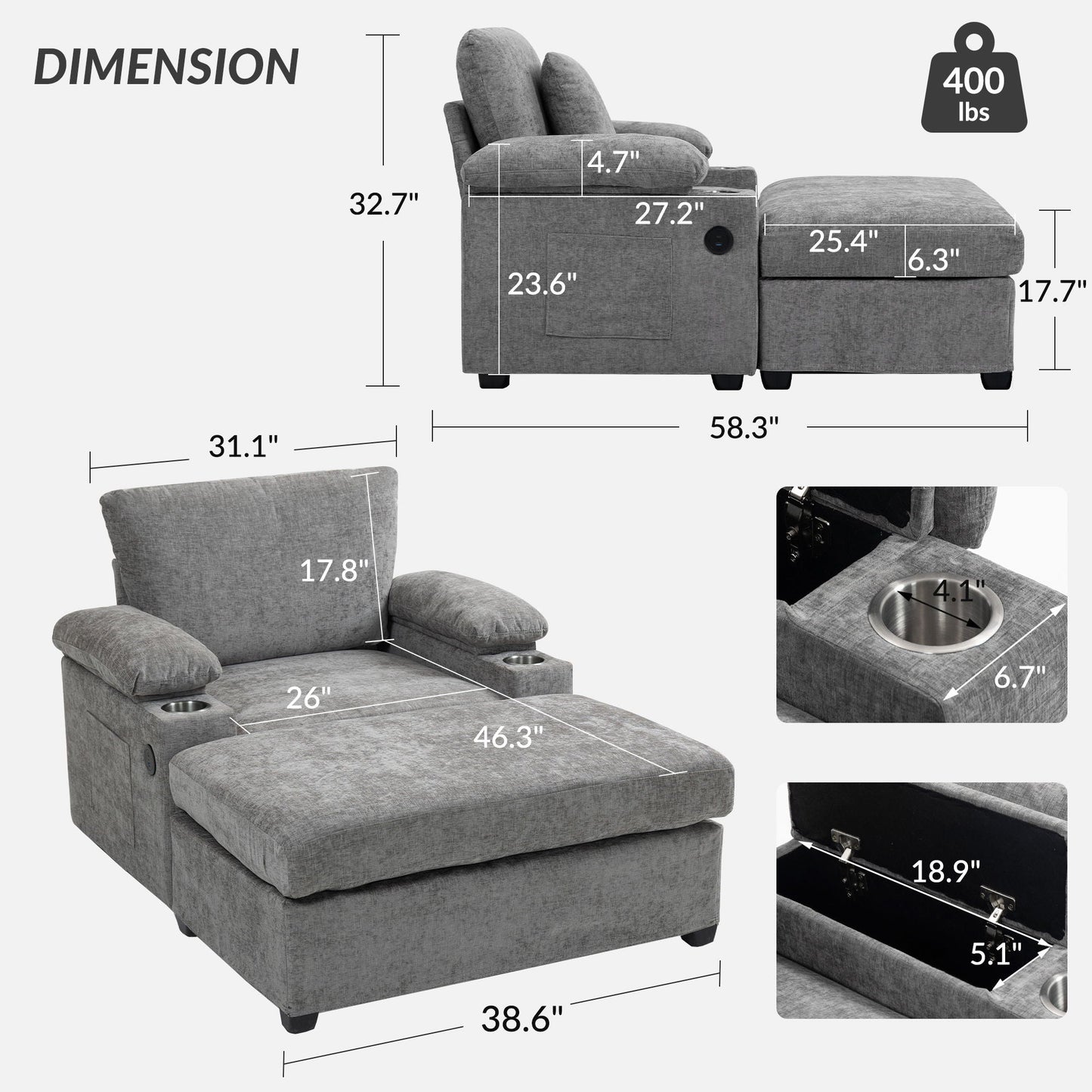 Modern Oversized Chair With Ottoman, Cupholders And USB Charging Ports Home Essentials