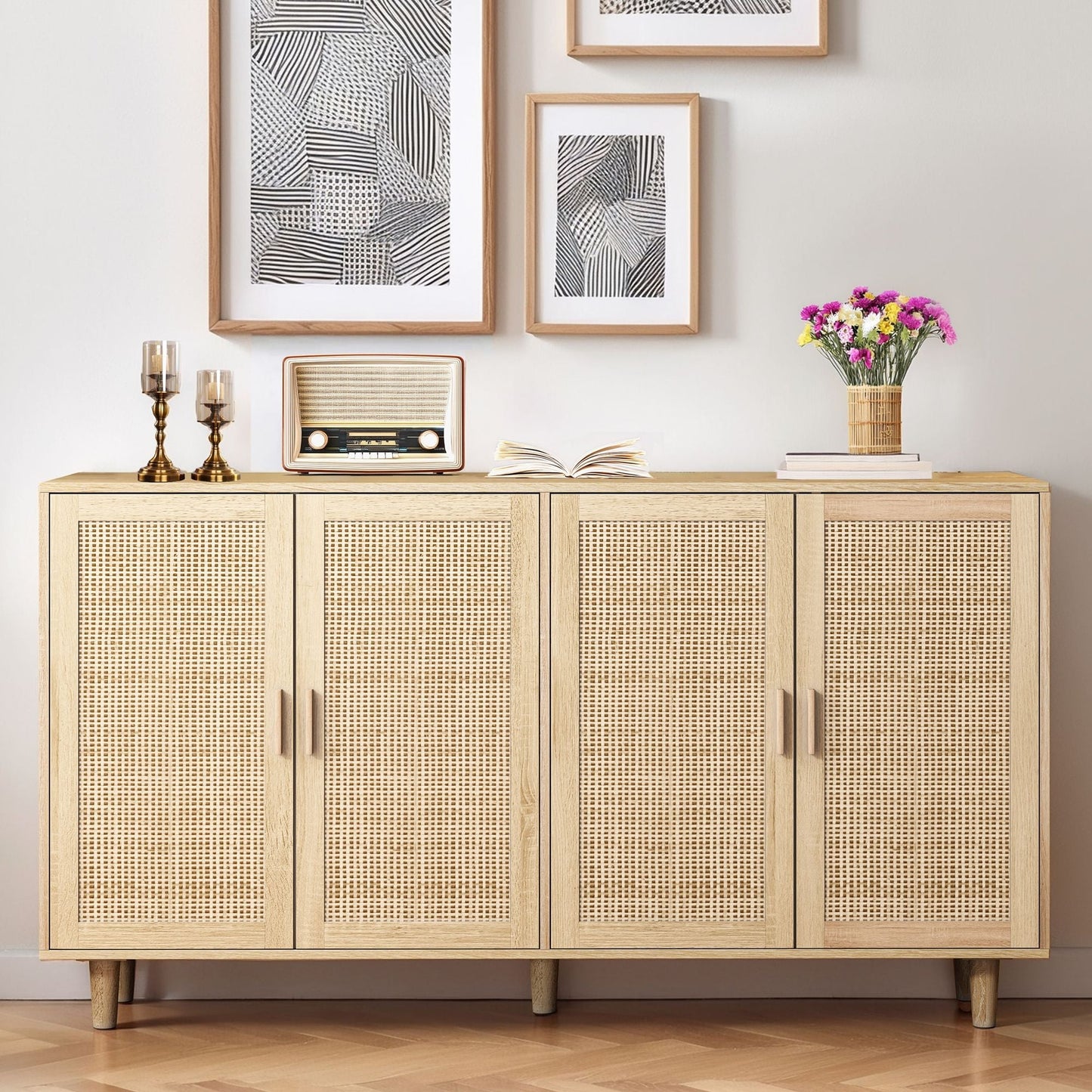 Elegant And Functional 4 Door Rattan Decorative Storage Cabinet Home Essentials