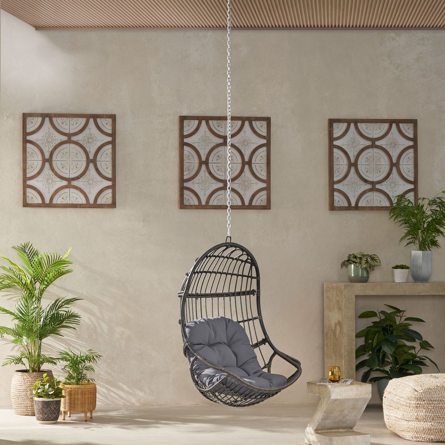 Rustic Hanging Basket Chair With Cushion Noble House