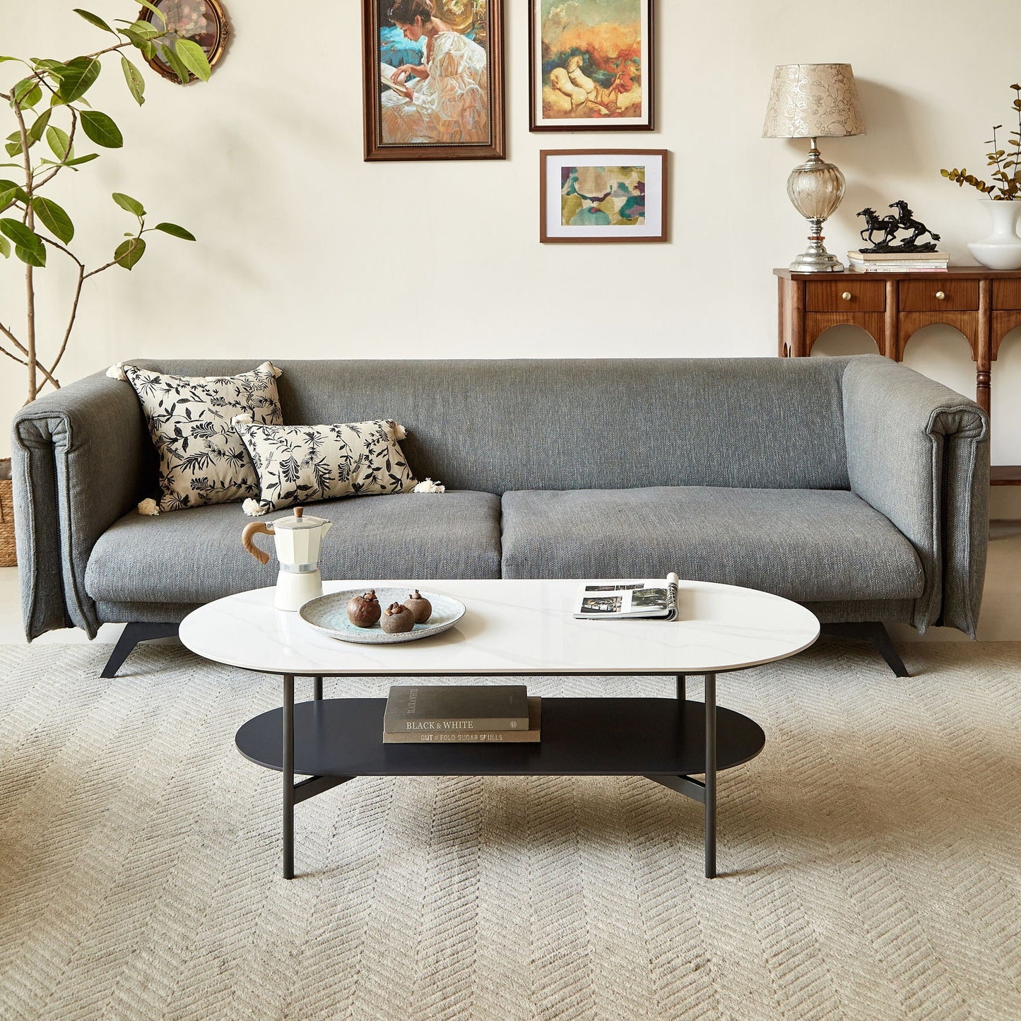 Contemporary Coffee Table Sintered Stone Surface With Ceramic Finish Double Layer Design Base Matte Shelf Modern Living Room Center Table - White / Gray Home Essentials