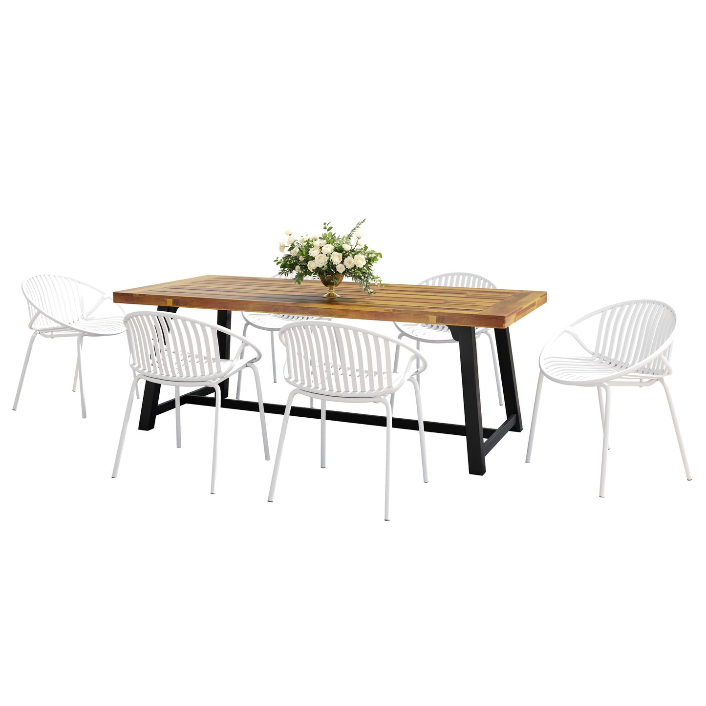 7 Piece Outdoor Modern Dining Set With Stackable Chairs Noble House