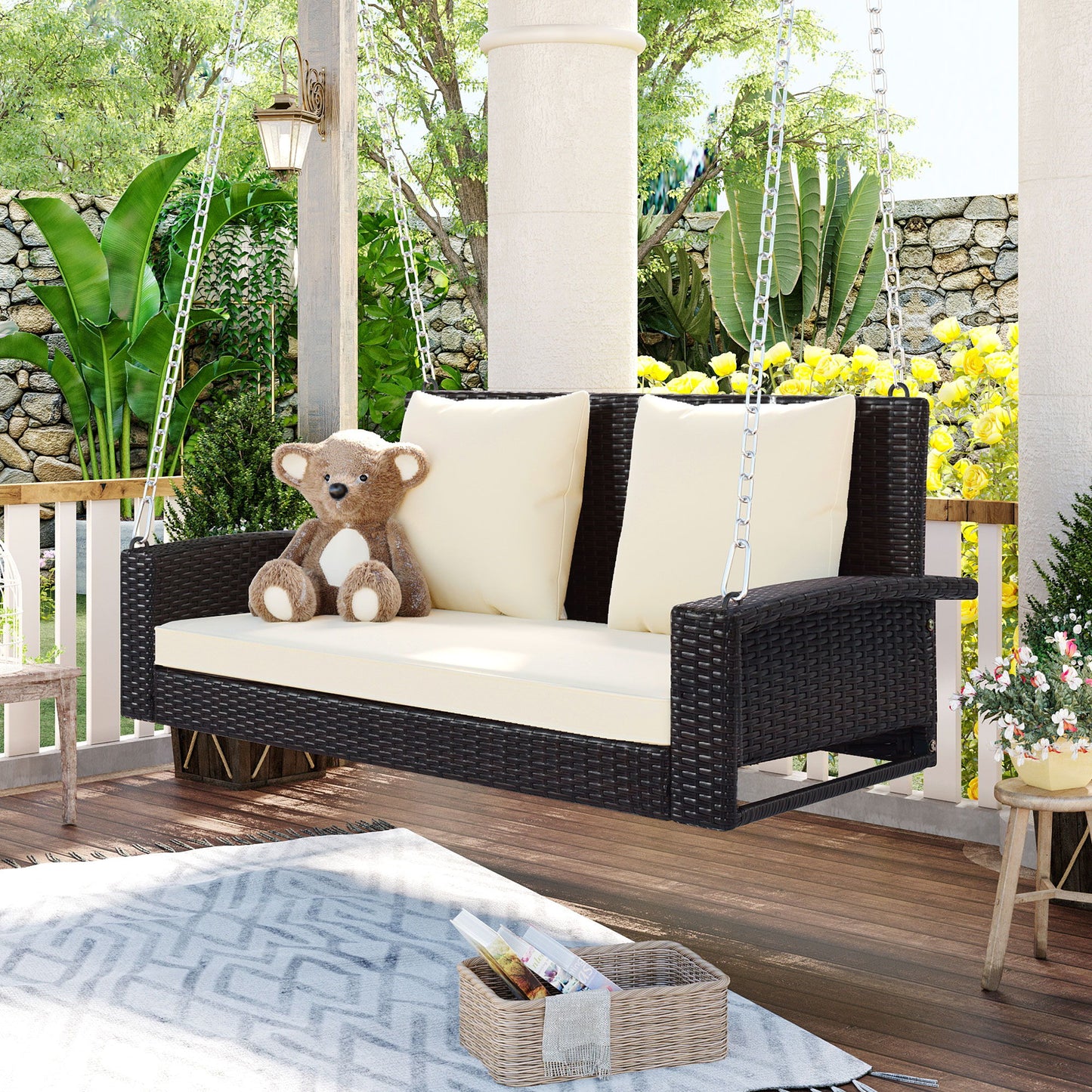 2 Person Wicker Hanging Porch Swing With Chains, Cushion, Pillow, Rattan Swing Bench For Garden, Backyard Hearth and Haven