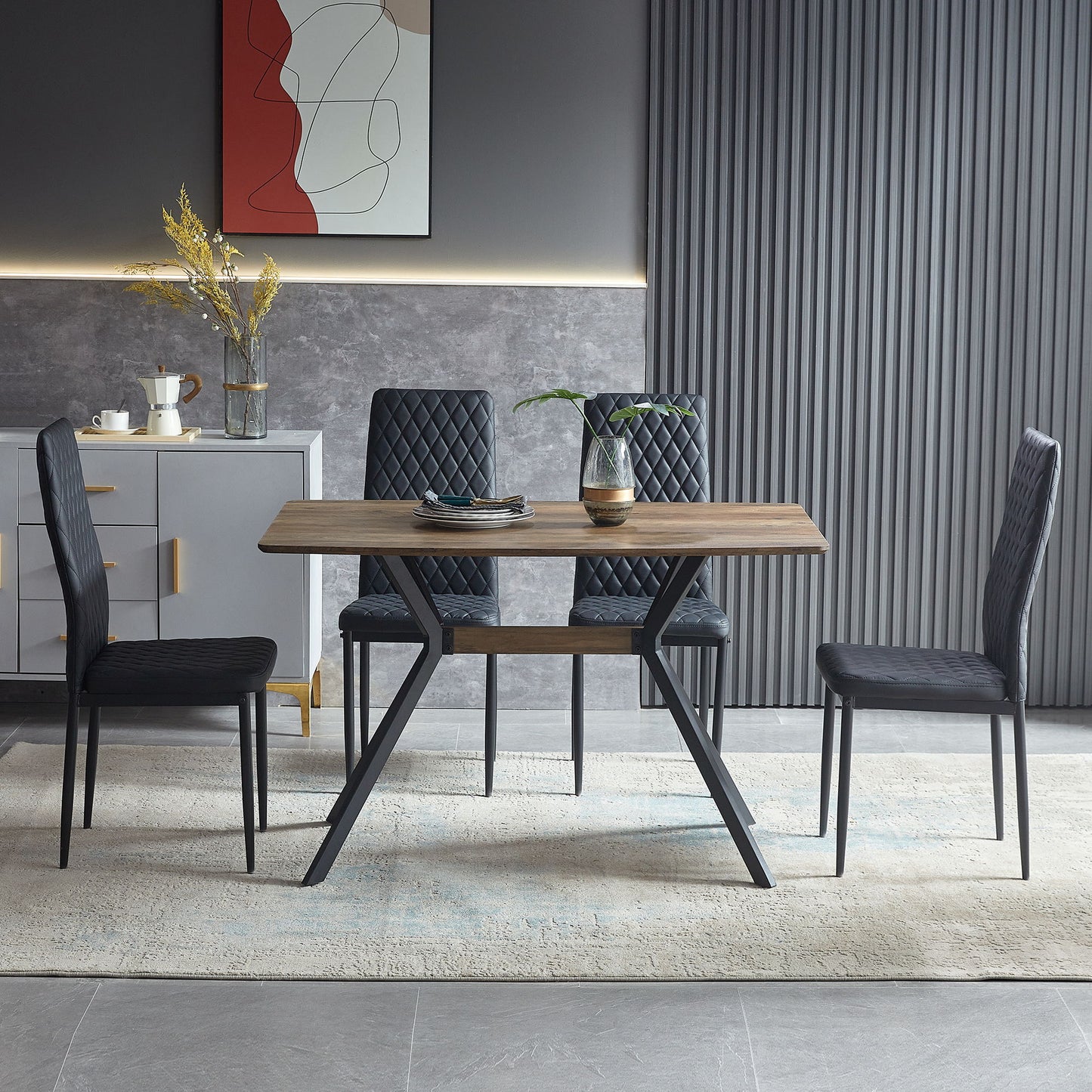 Modern Minimalist Style Dining Table MDF Wooden Top Metal Shelf Metal Heat Transfer Legs Leveling Feet For Dining Room Kitchen Office Table - Walnut / Black Home Essentials