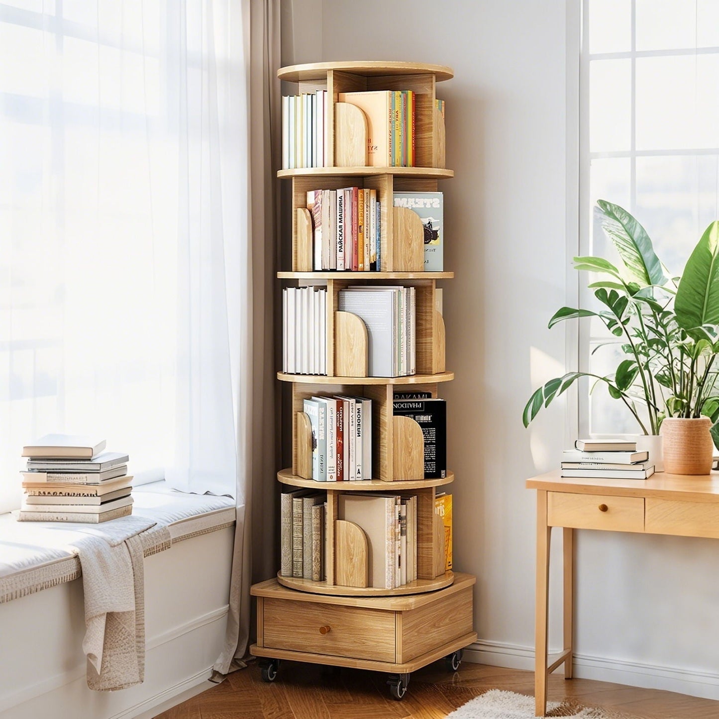 6 Tier Rotating Bookshelf With Wheels And Drawer, 360° Spinning Design, Space Saving Storage, For Home - Wood Home Essentials