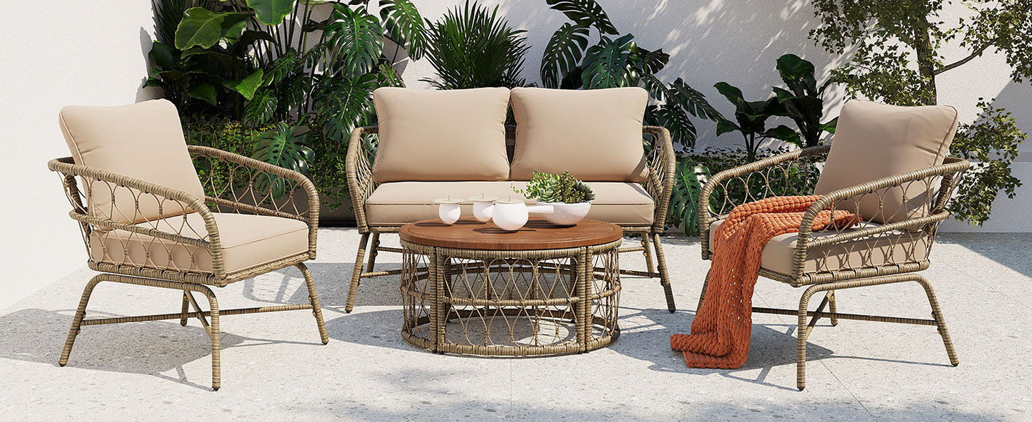 Bohemia-Inspired 4 Person Outdoor Seating Group With Removable Cushions, Conversation Patio Set With Wood Tabletop - Beige Hearth and Haven