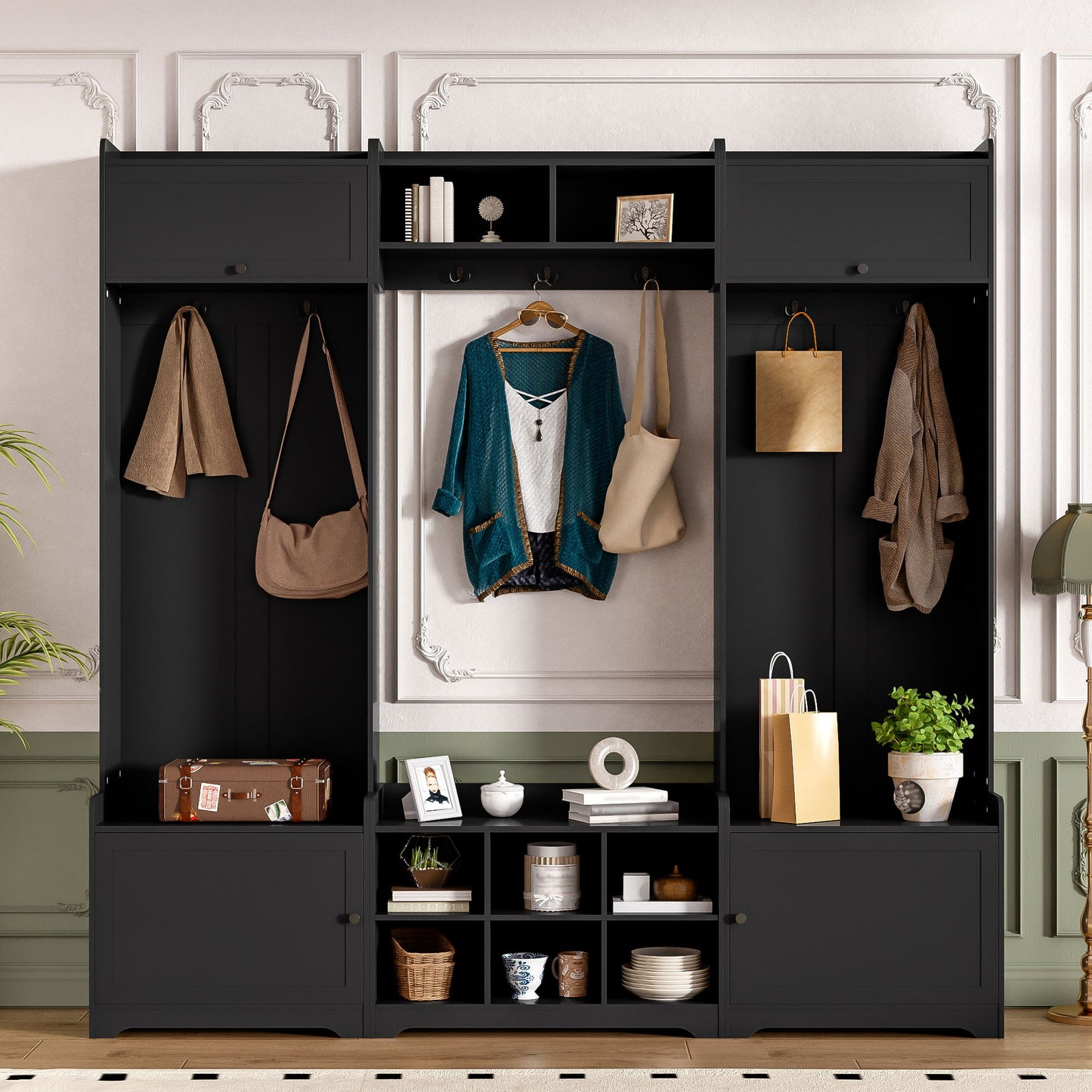 Wide Hall Tree With Shoe Storage, 4 In 1 Entryway Bench With 8 Cubbies, 7 Coat Hooks & Adjustable Shelf For Hallway - Black Hearth and Haven