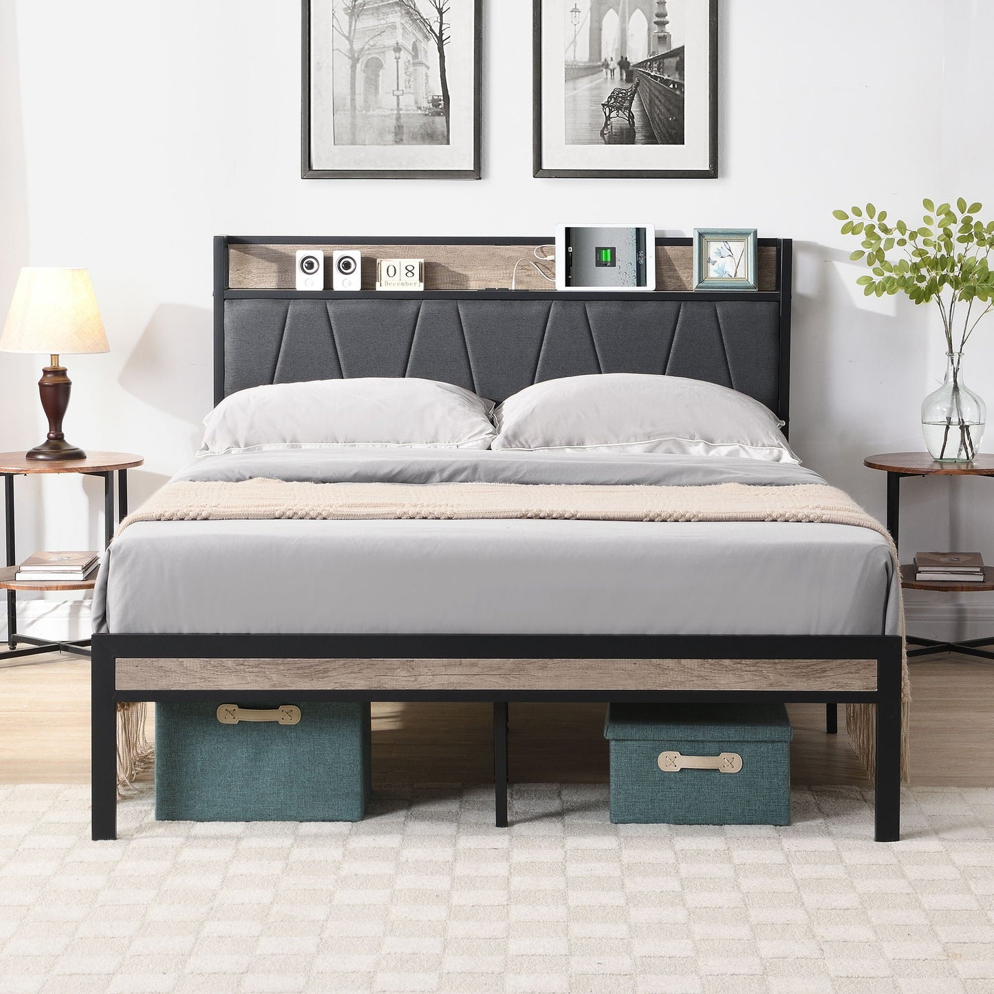 Modern Bed Frame With LED Lights, Upholstered Headboard, USB Charging Home Essentials