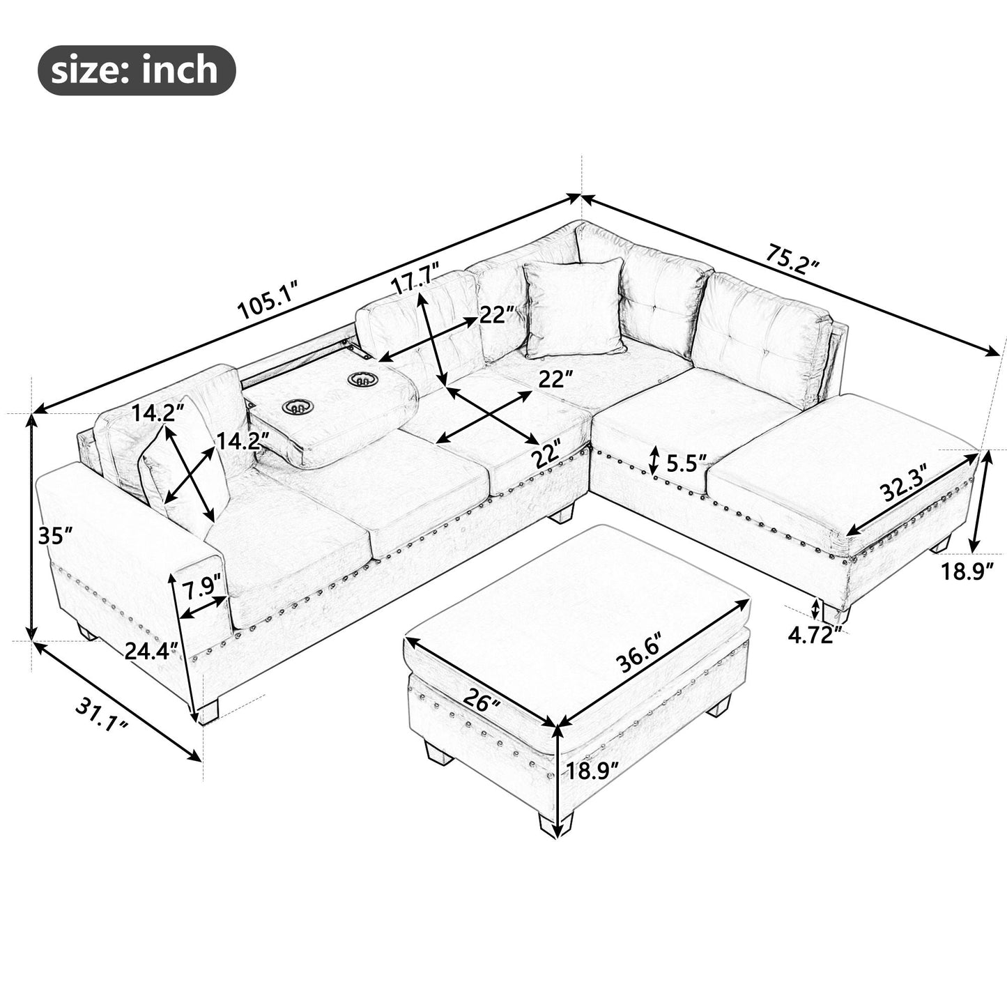 Modern Sectional Sofa With Storage Ottoman, L - Shape Couch With 2 Pillows And Cup Holders - Snoozhouse