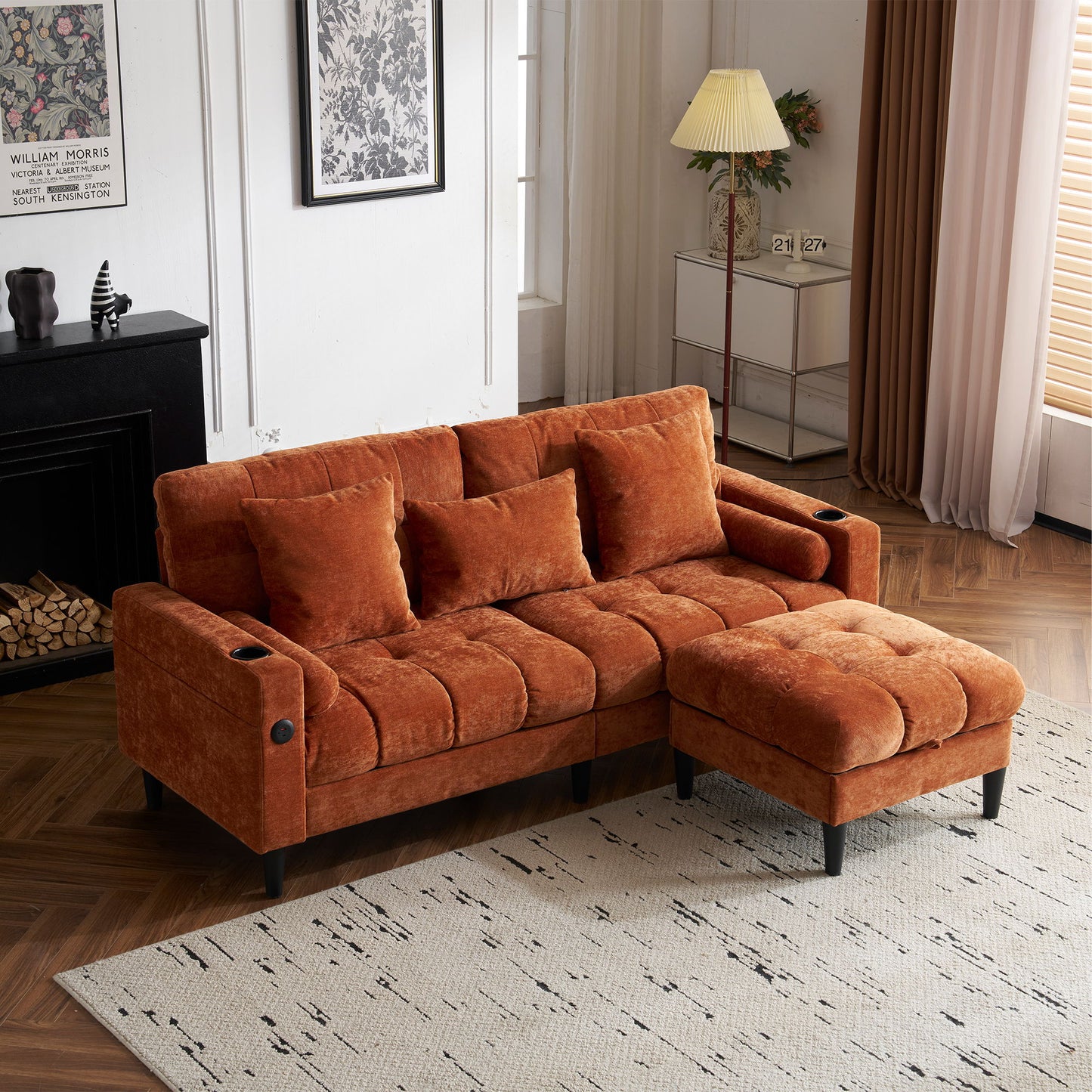 3 Seat L-Shaped Chenille Sofa With Removable And Storage Ottoman, Side Storage, And USB / C - Type Charging Ports Sofa For Living Room