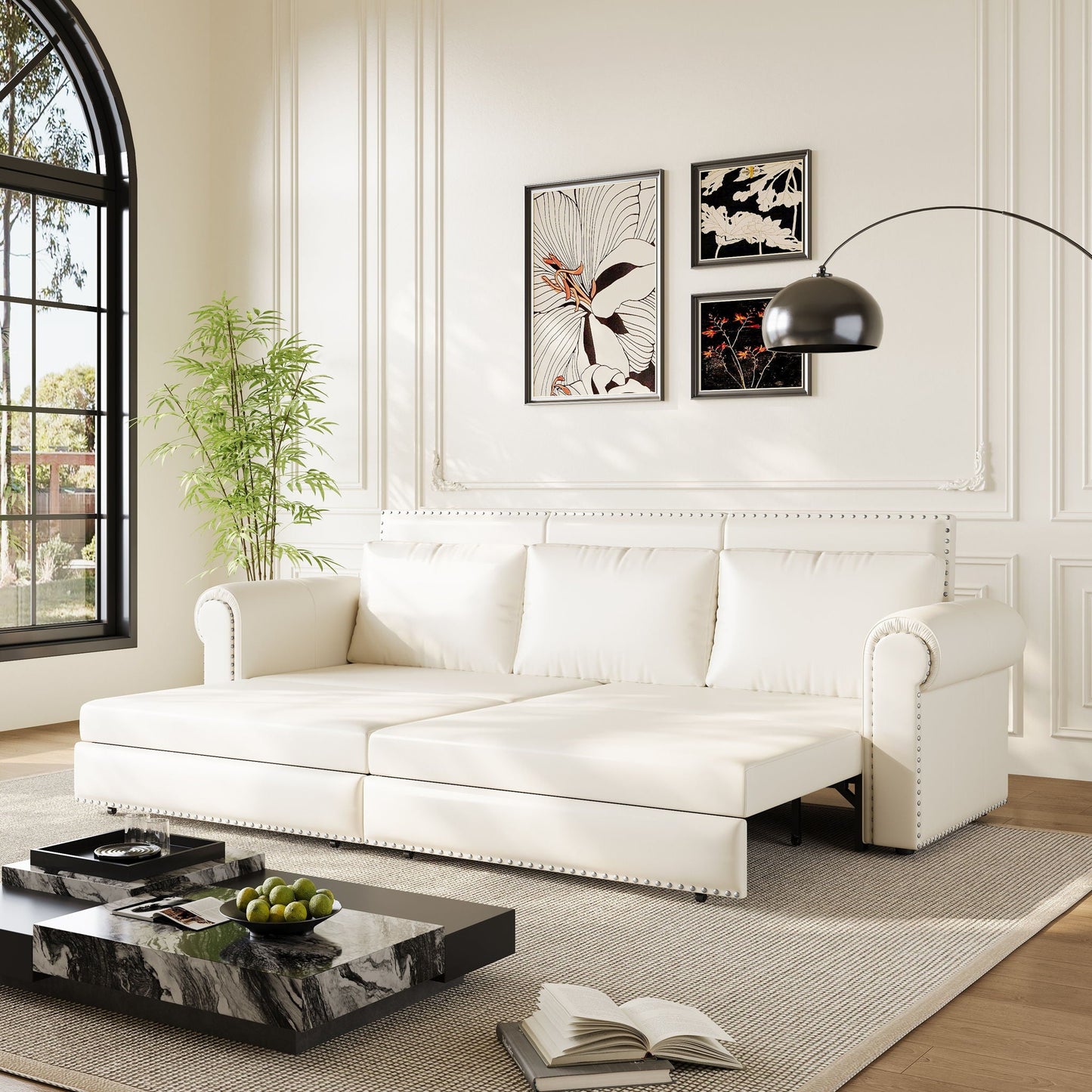 3 In 1 Convertible Sleeper Sofa With Nailhead Trim & Rolled Arm Home Essentials