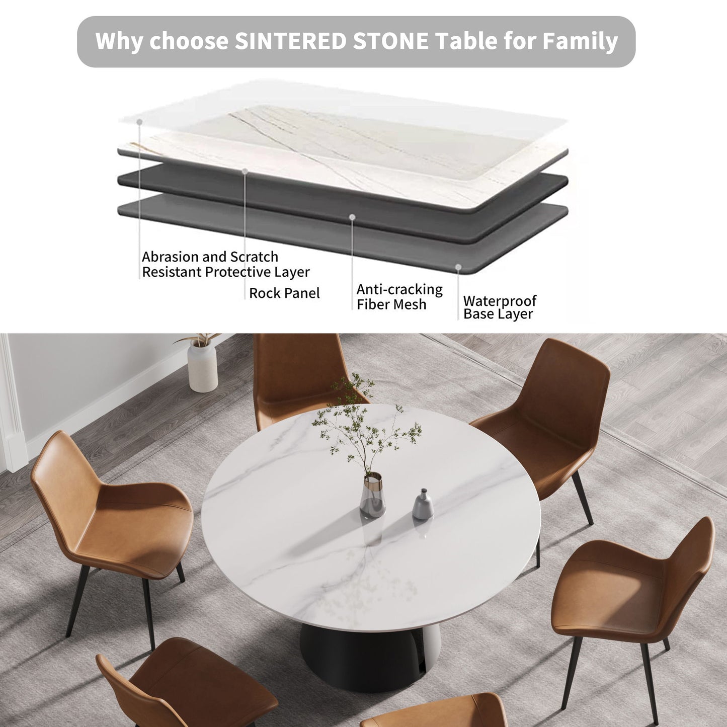 53.15" Modern Artificial Stone Round Carbon Steel Base Dining Table, Can Accommodate 6 People - White / Black Home Essentials