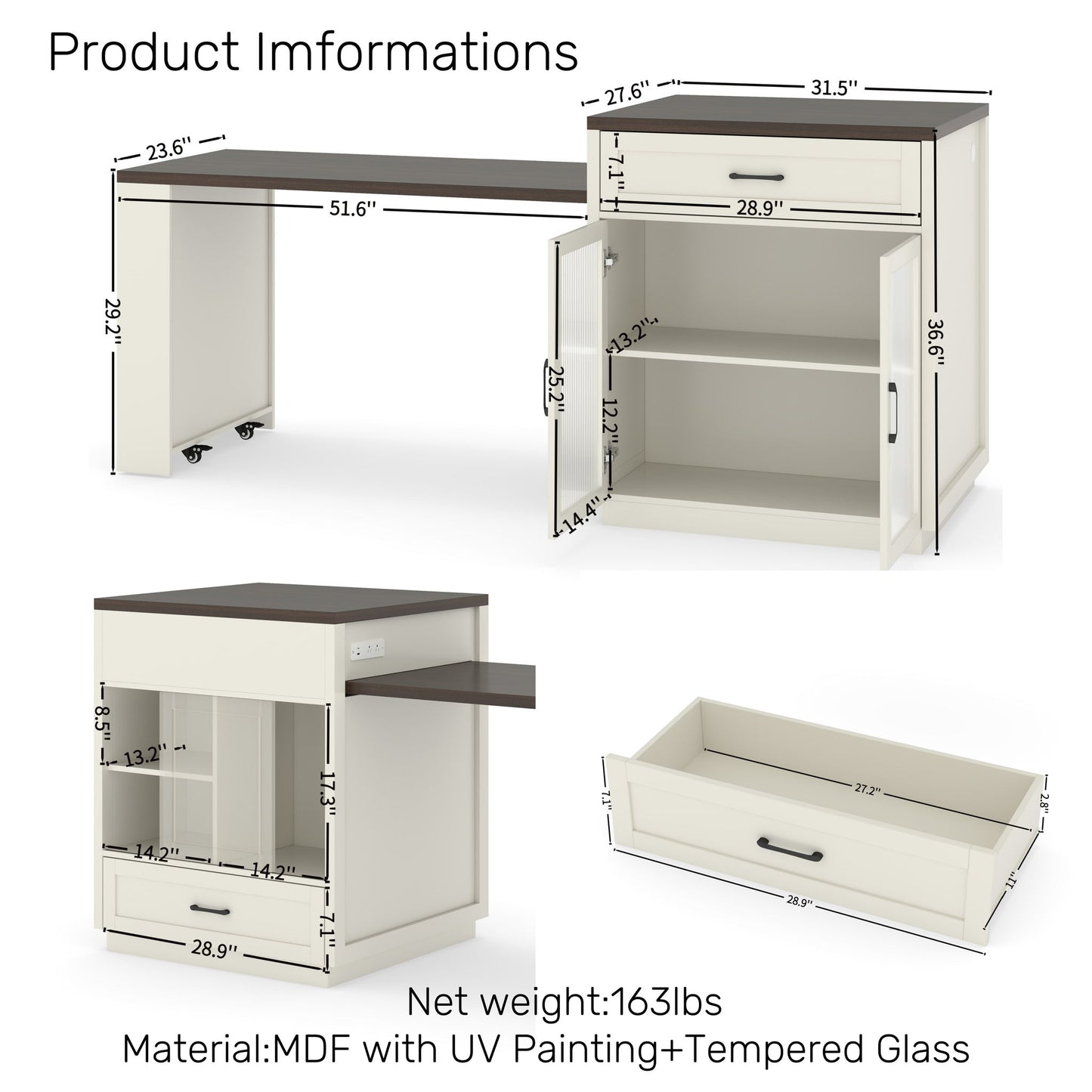 Extendable Kitchen Island With Slide Out Table And Storage Racks For 2 - 6 Person, Power Outlet, Bar, Prep Station - Creamy White / Walnut Home Essentials