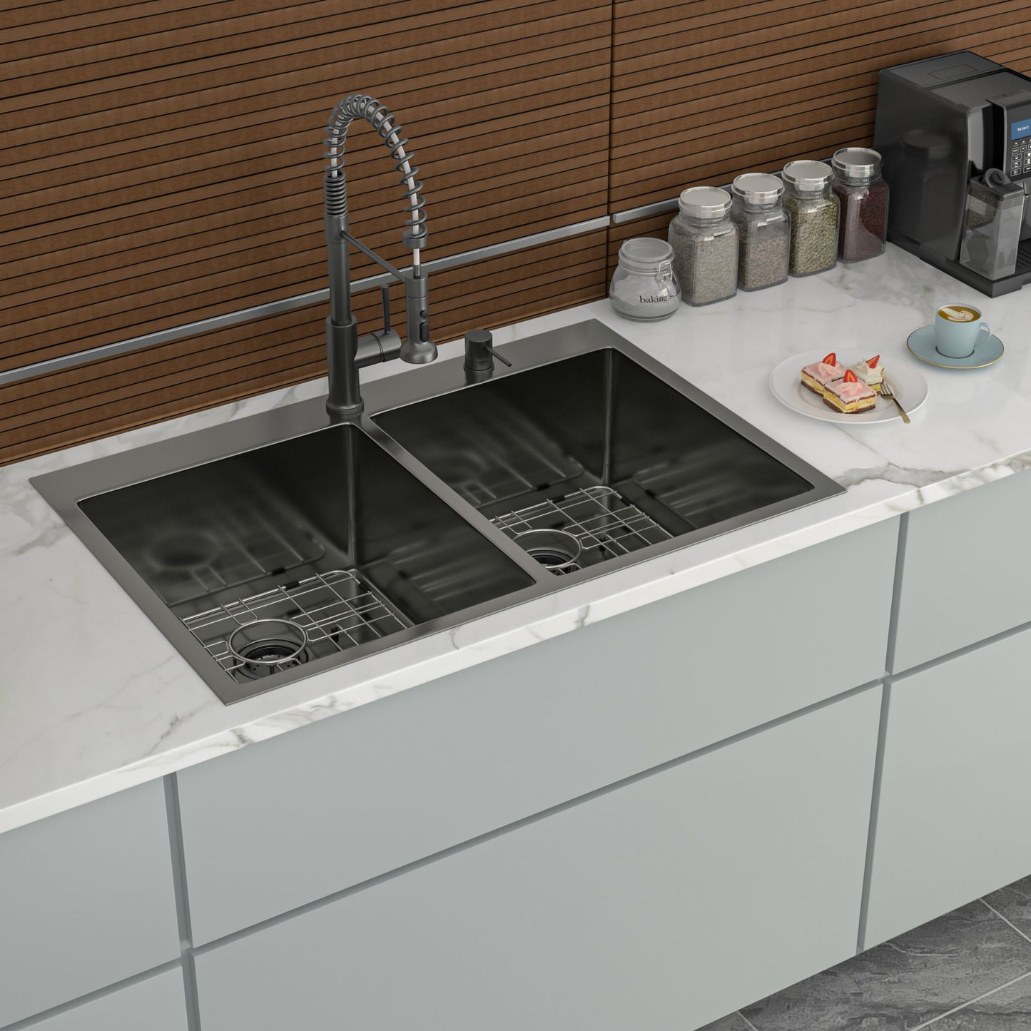 Double Bowl Drop In Kitchen Sink 33" X 22" With 16 Gauge Stainless Steel And 2 10" Deep Basins - Gunmetal Black Daily Nest