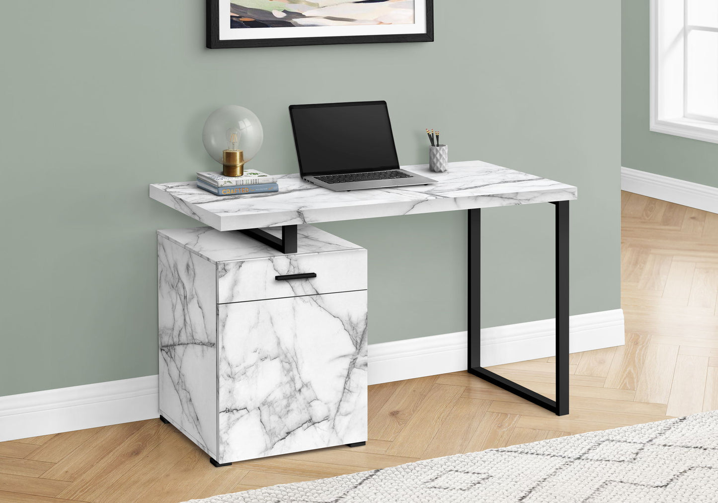Computer Desk, Home Office, Laptop, Left, Right Set-Up, Storage Drawers, Work, Marble Look Laminate, Contemporary, Modern - White 8th Street