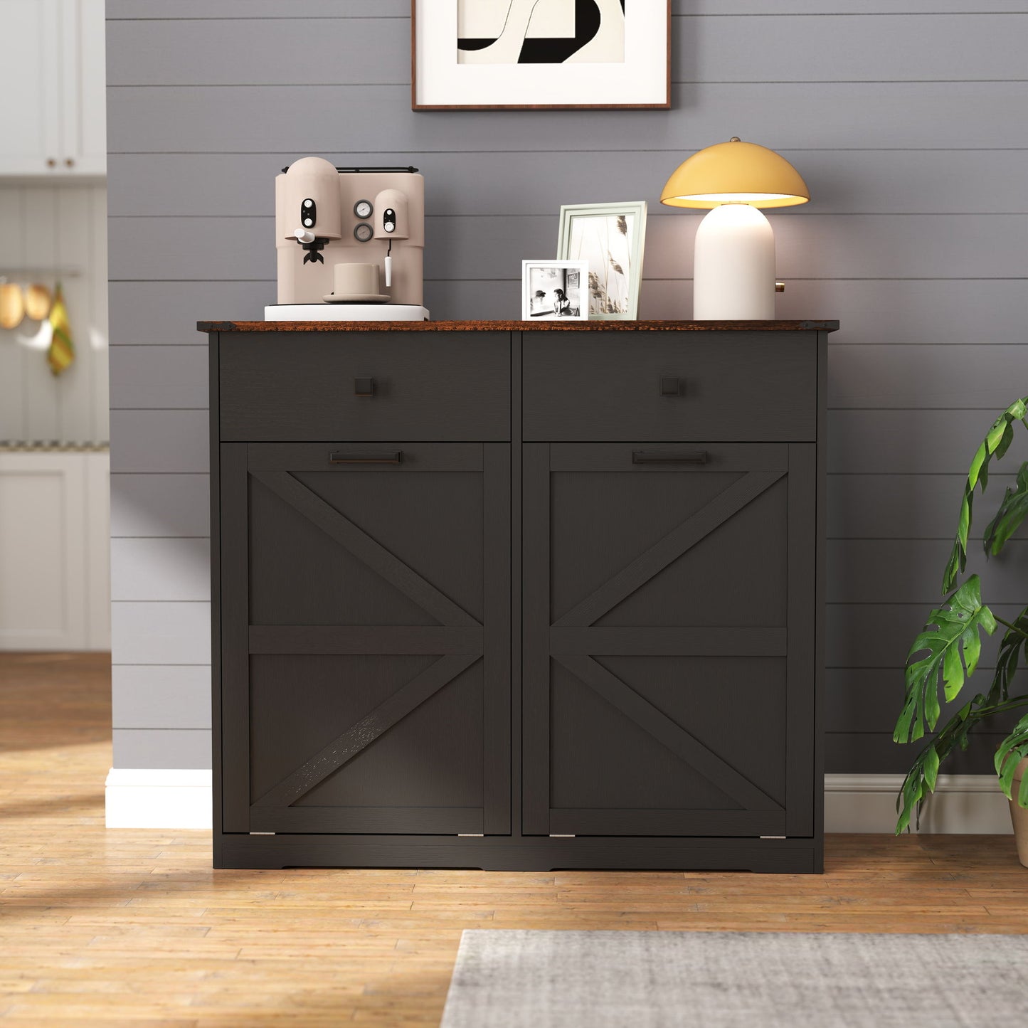 Double Tilt Out Trash Cabinet With Hideaway Drawer And Barn Door Style Home Essentials