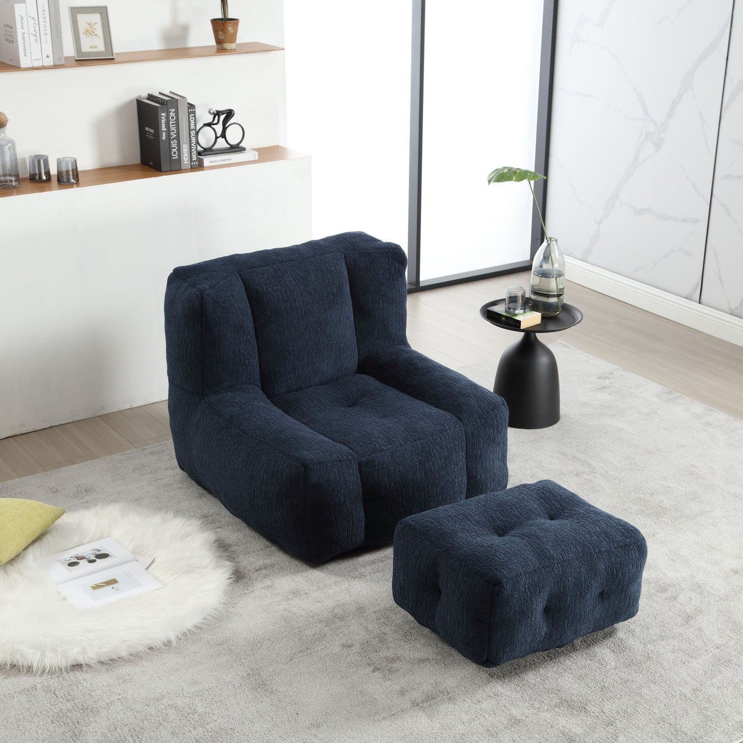 Modern Indoor Fluffy Bean Bag Chair With Memory Foam And Ottoman, Super Soft Home Essentials