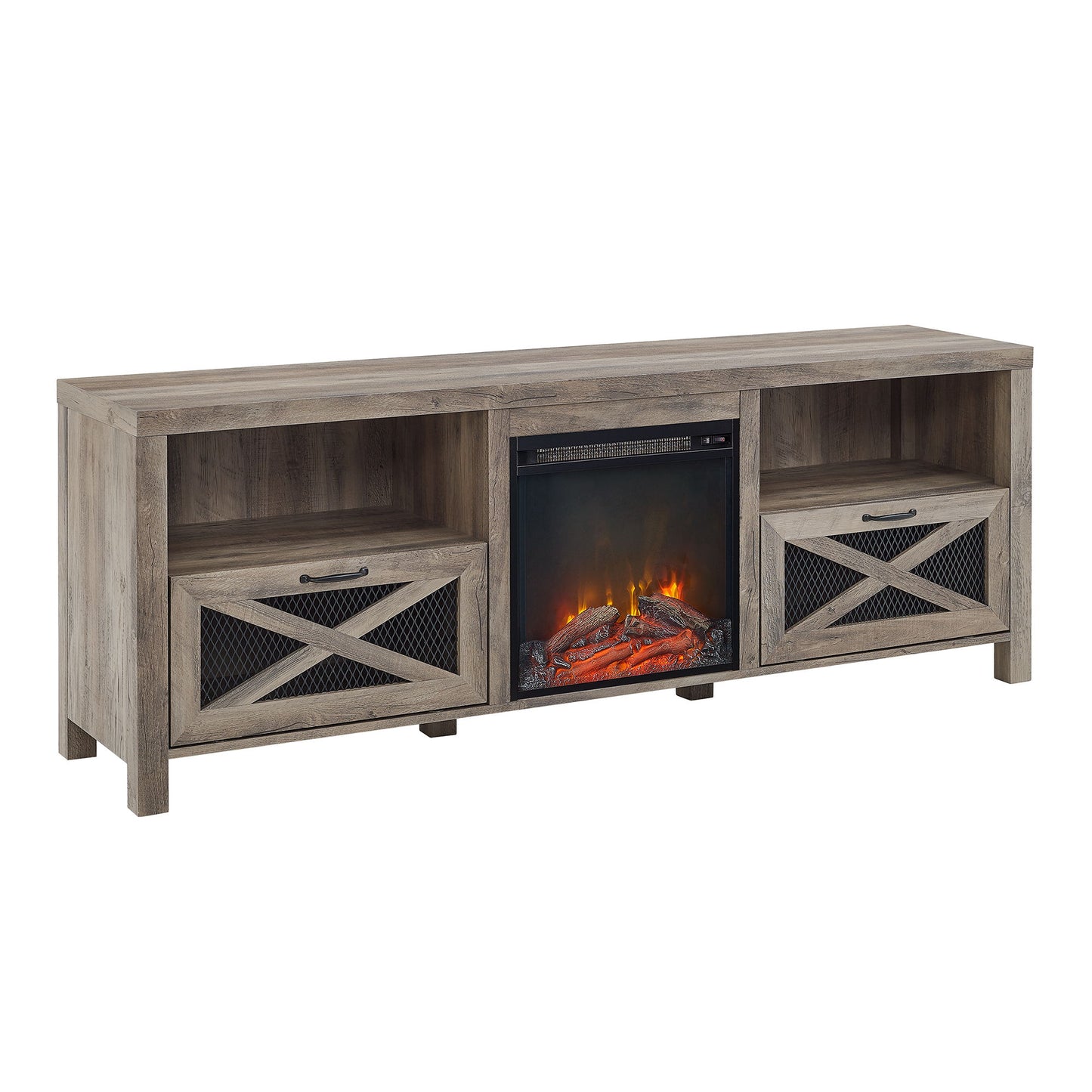 Industrial Farmhouse Metal Mesh Drop Down X Door Fireplace TV Stand Walker Edison