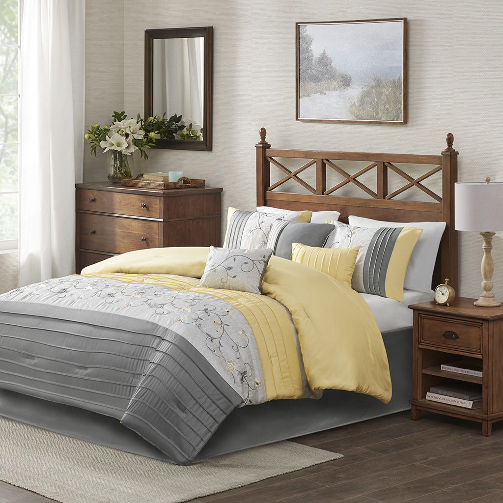 Serene - California King Embroidered Piece Comforter (Set of 7) - Yellow Madison Park