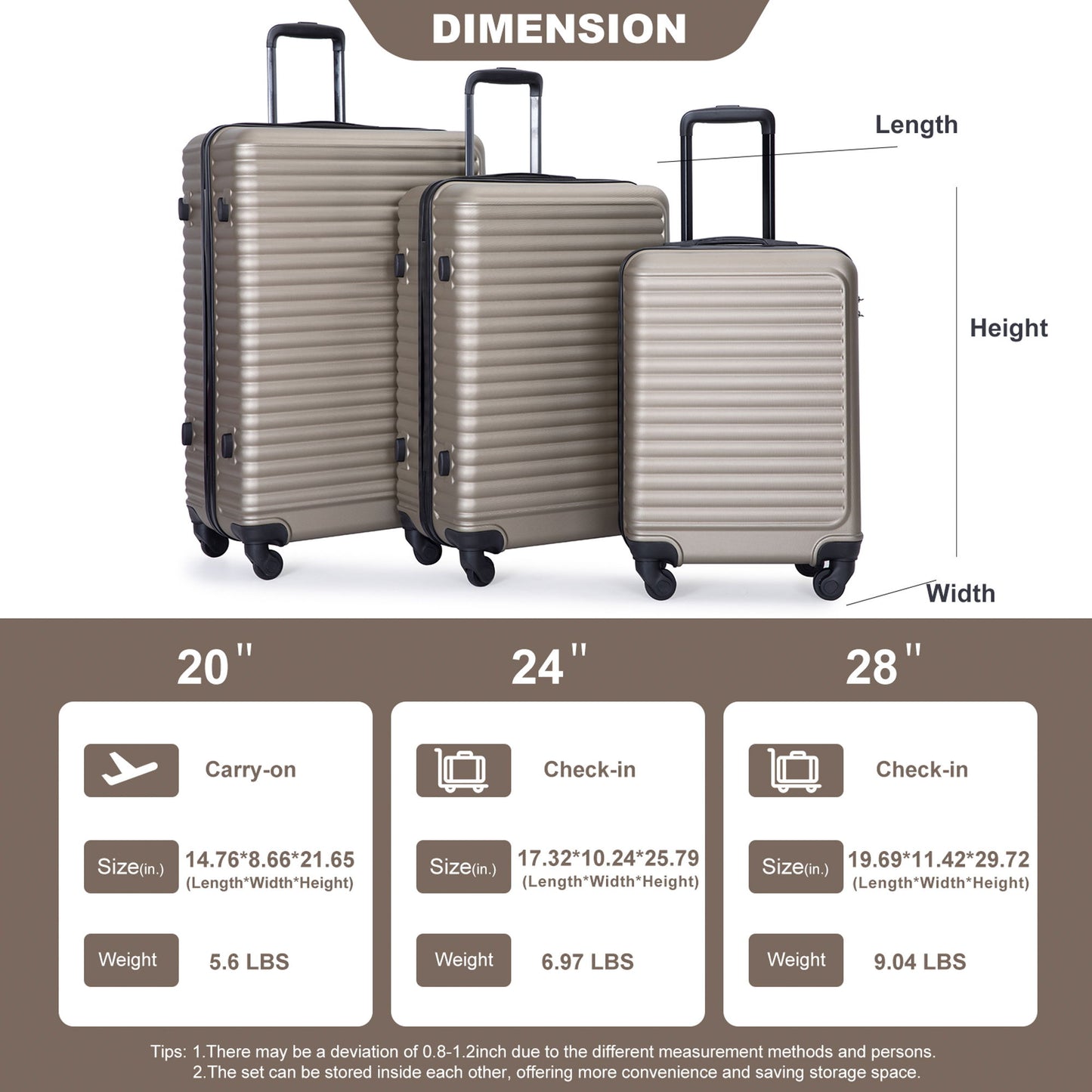 3 Piece Luggage Sets Lightweight Suitcase With Two Hooks, Spinner Wheels, Tsa Lock Daily Nest