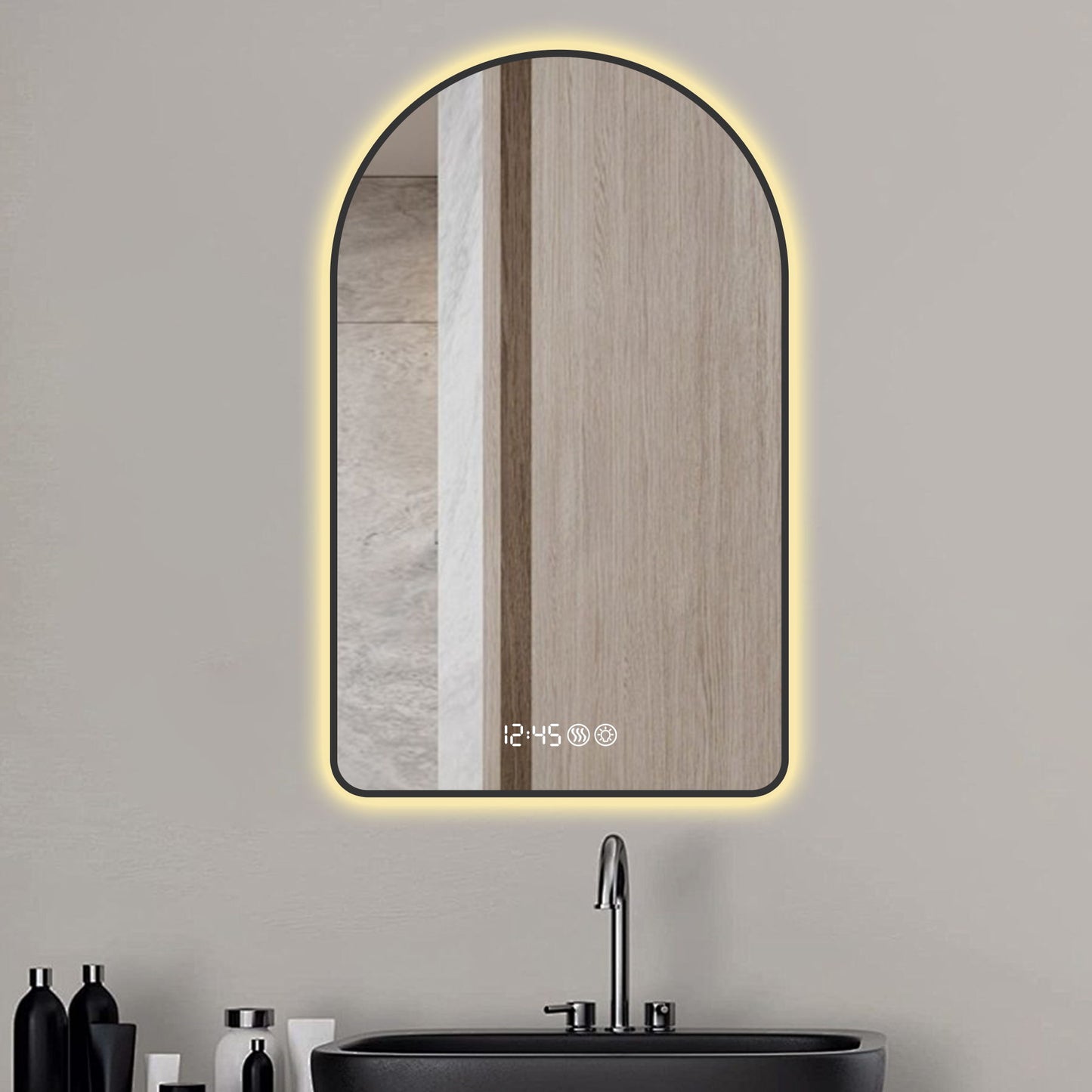 Modern Arched LED Bathroom Mirror With Time And Temperature Display, Anti Fog, Dimmable Light - Black Daily Nest