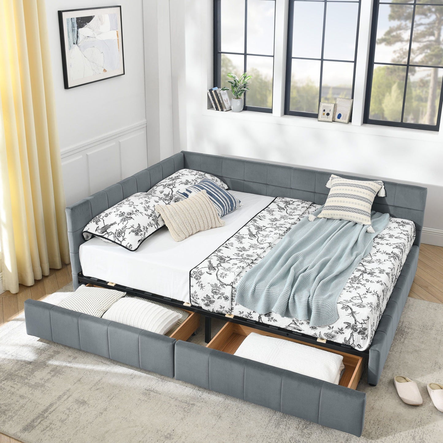 Mid-Century Storage Upholstered Tufted Bed Frame With Backrest And Armrests Home Essentials