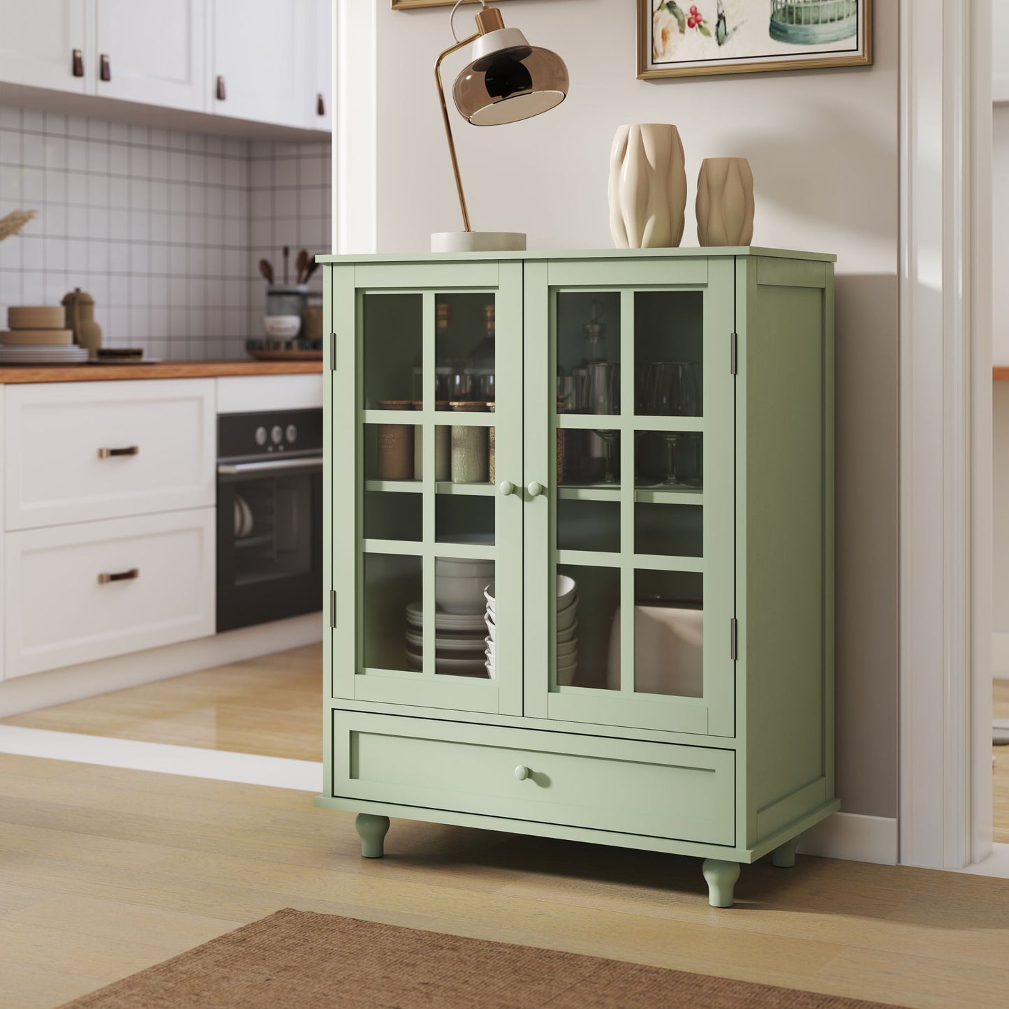 Minimalist Buffet Cabinet With Double Glass Doors And Drawer Home Essentials