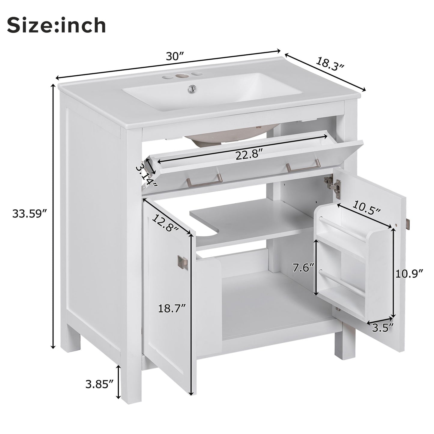 Bathroom Vanity With Ceramic Sink, Modern Single Bathroom Cabinet With 2 Doors And A Shelf, Soft Close Doors Hearth and Haven