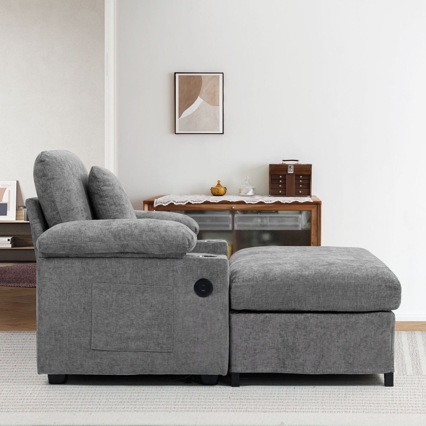 Chenille Fabric Sofa Bed With Cupholders And USB Charging Ports Chair For Living Room Home Essentials