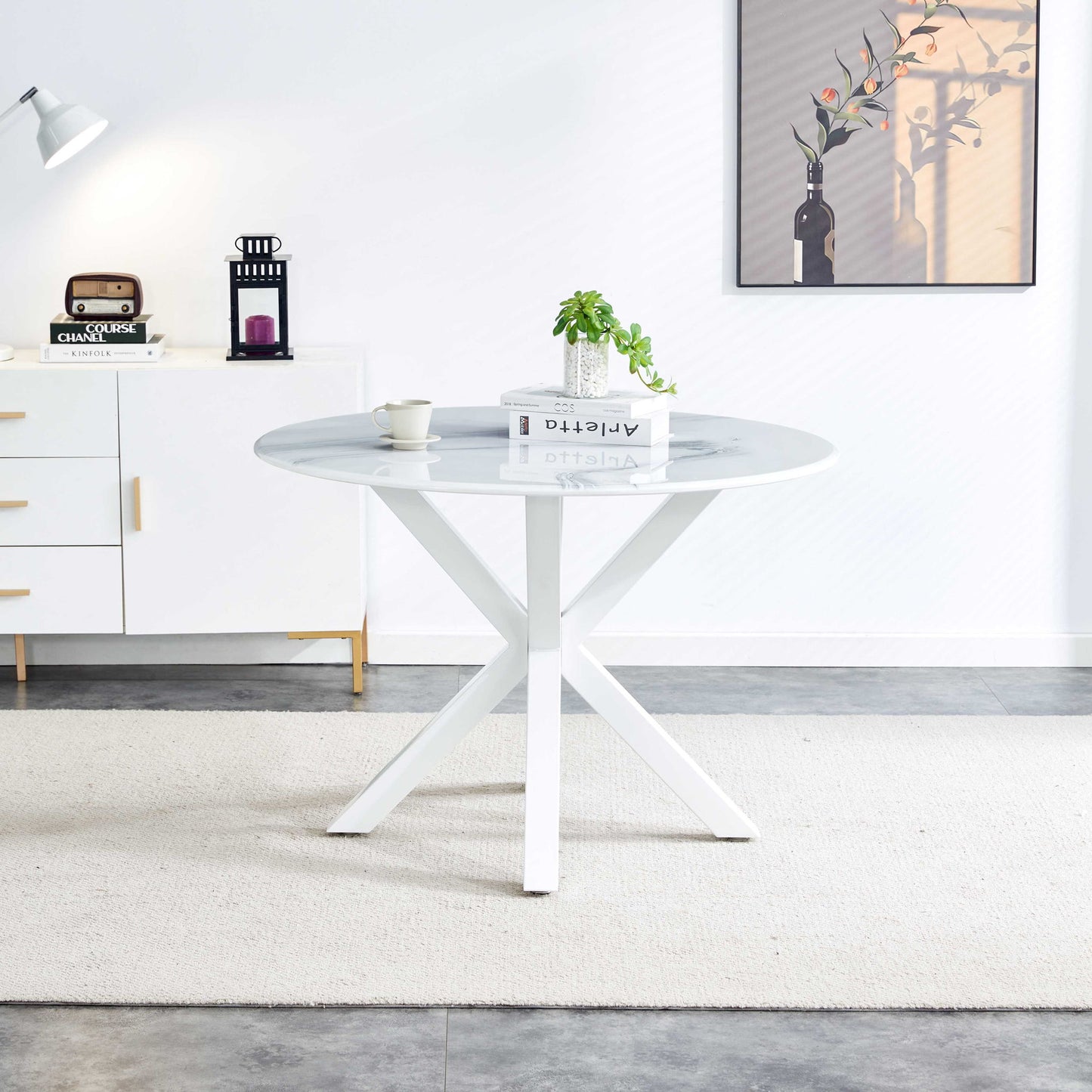Table Cross Leg Mid-Century Dining Table For 4 - 6 People With Round MDF Table Top, Pedestal Dining Table, End Table Leisure Coffee Table - White Home Essentials