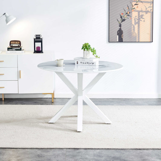 Table Cross Leg Mid-Century Dining Table For 4 - 6 People With Round MDF Table Top, Pedestal Dining Table, End Table Leisure Coffee Table - White Home Essentials