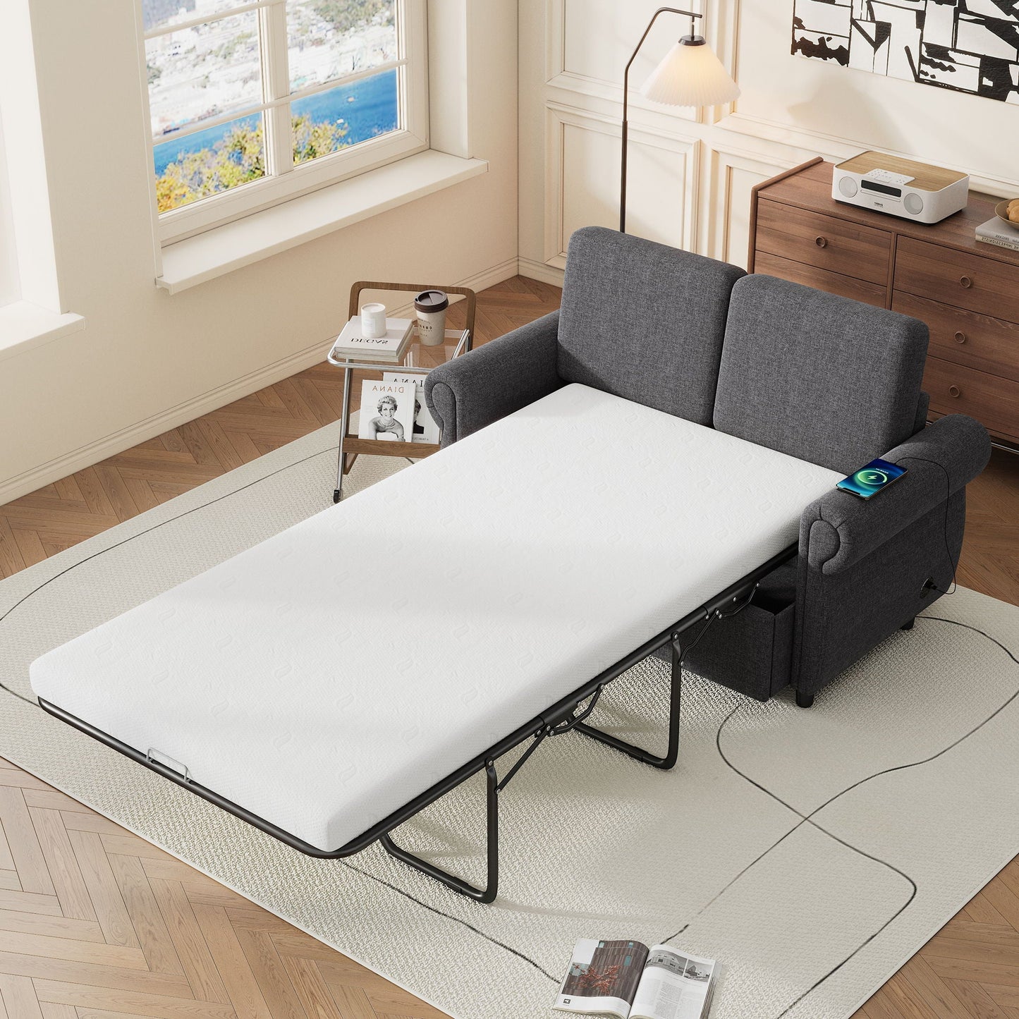 Pull Out Sofa Bed Loveseat Sleeper With Twin Size Memory Mattress With Two USB Ports For Living Room Spaces Hearth and Haven