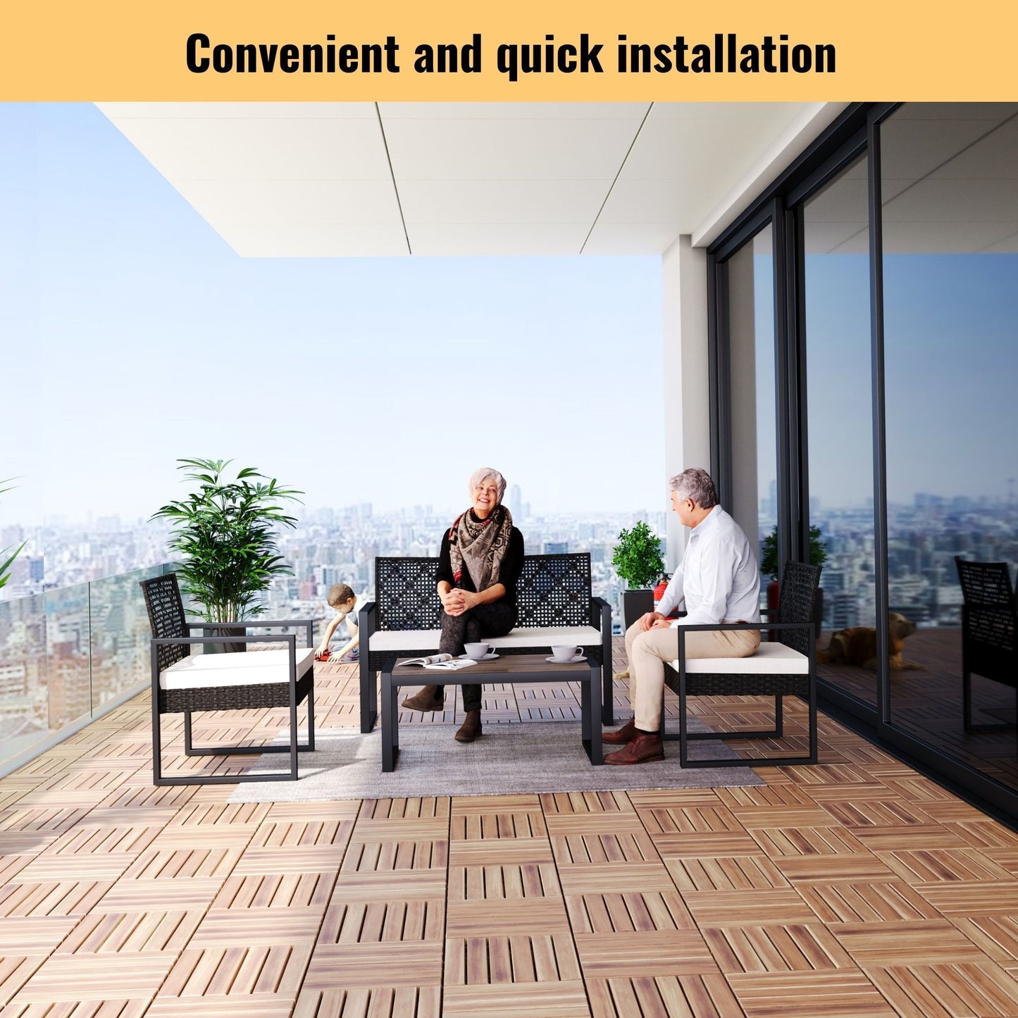 Interlocking Deck Tiles Striped Pattern, Square Acacia Hardwood Outdoor Flooring For Patio, Bancony, Pool Side Daily Nest