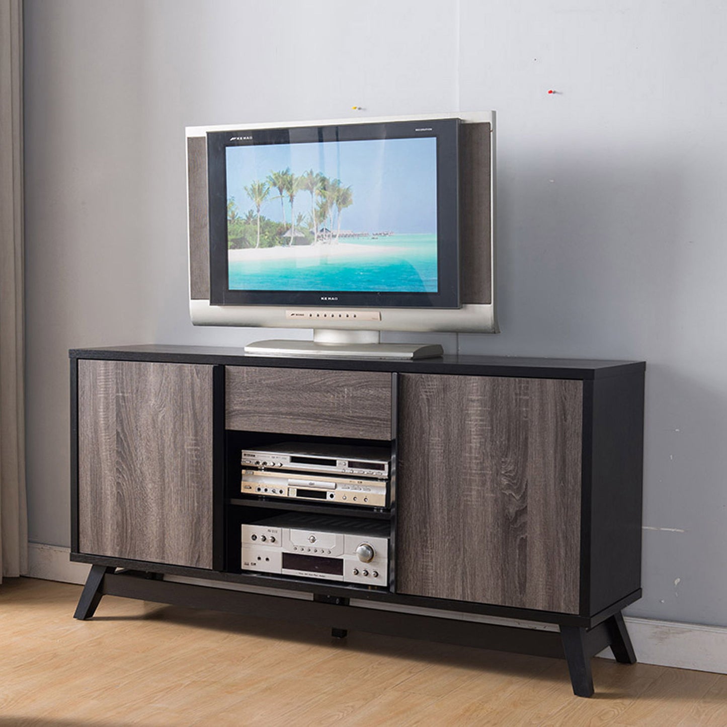 Sideboard TV Stand Buffet With 2 Doors 1 Drawer And 6 Shelves - Black / Gray Home Essentials