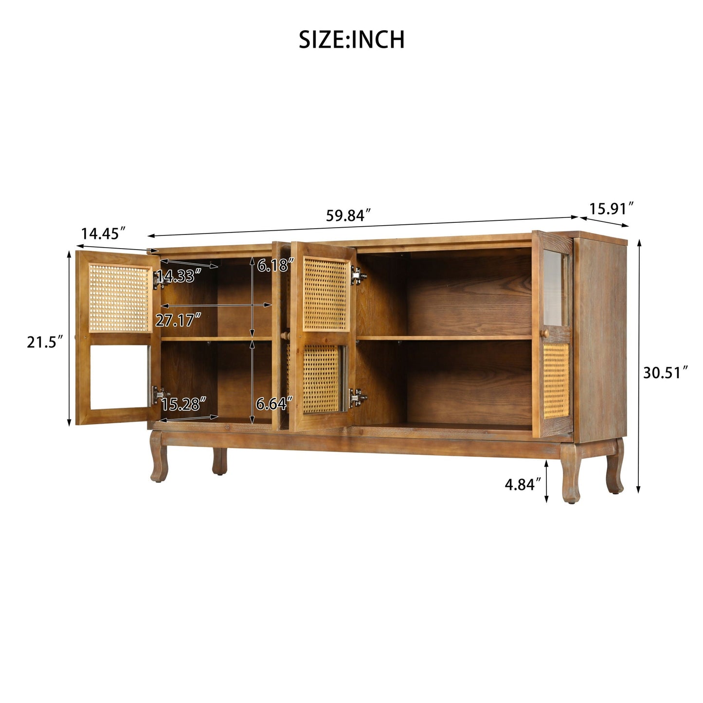 Retro Industrial 4 Door Sideboard With Large Storage, Rattan And Glass Doors Home Essentials