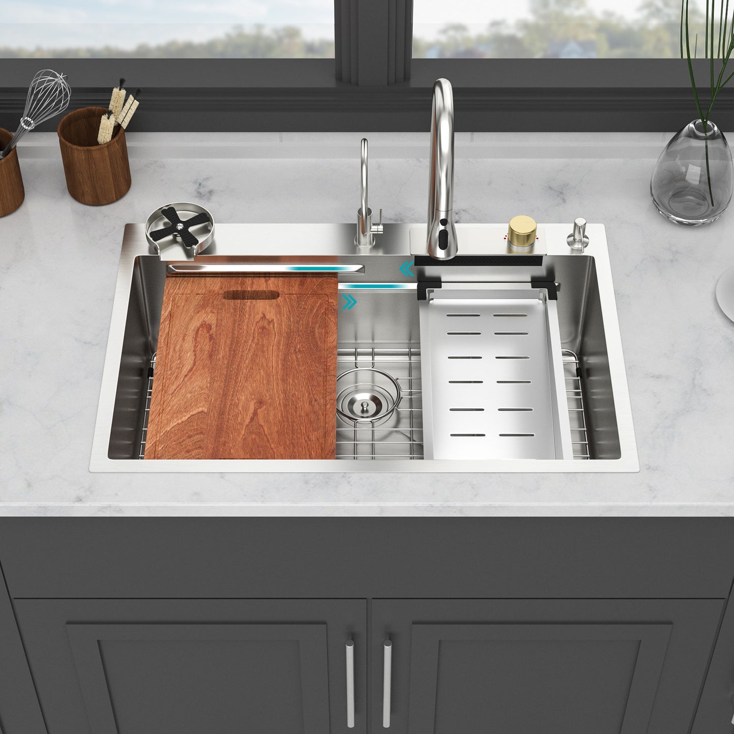 Waterfall Kitchen Sink With Pull Out Faucet & Cup Washer Daily Nest