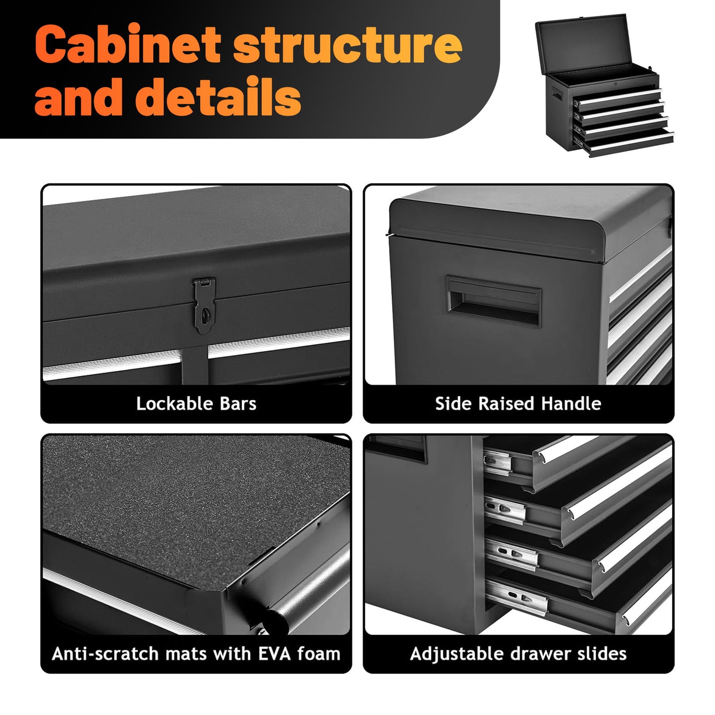 Tool Chest, 5 Drawer Rolling Tool Storage Cabinet With Detachable Top Tool Box, Liner, Universal Lockable Wheels, Adjustable Shelf, Locking Mechanism, Metal Tool Cart For Garage Workshop Daily Nest