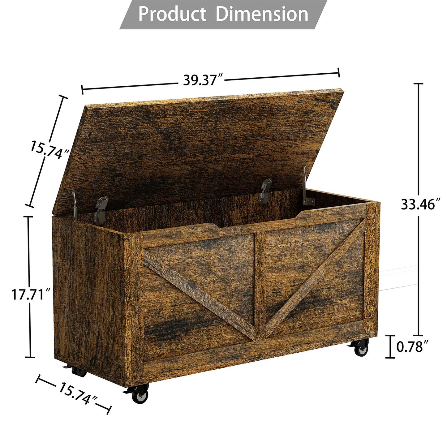 Rustic Wooden Storage Chest With Wheels And Safety Hinge, 300 Lb Capacity - Rustic Brown