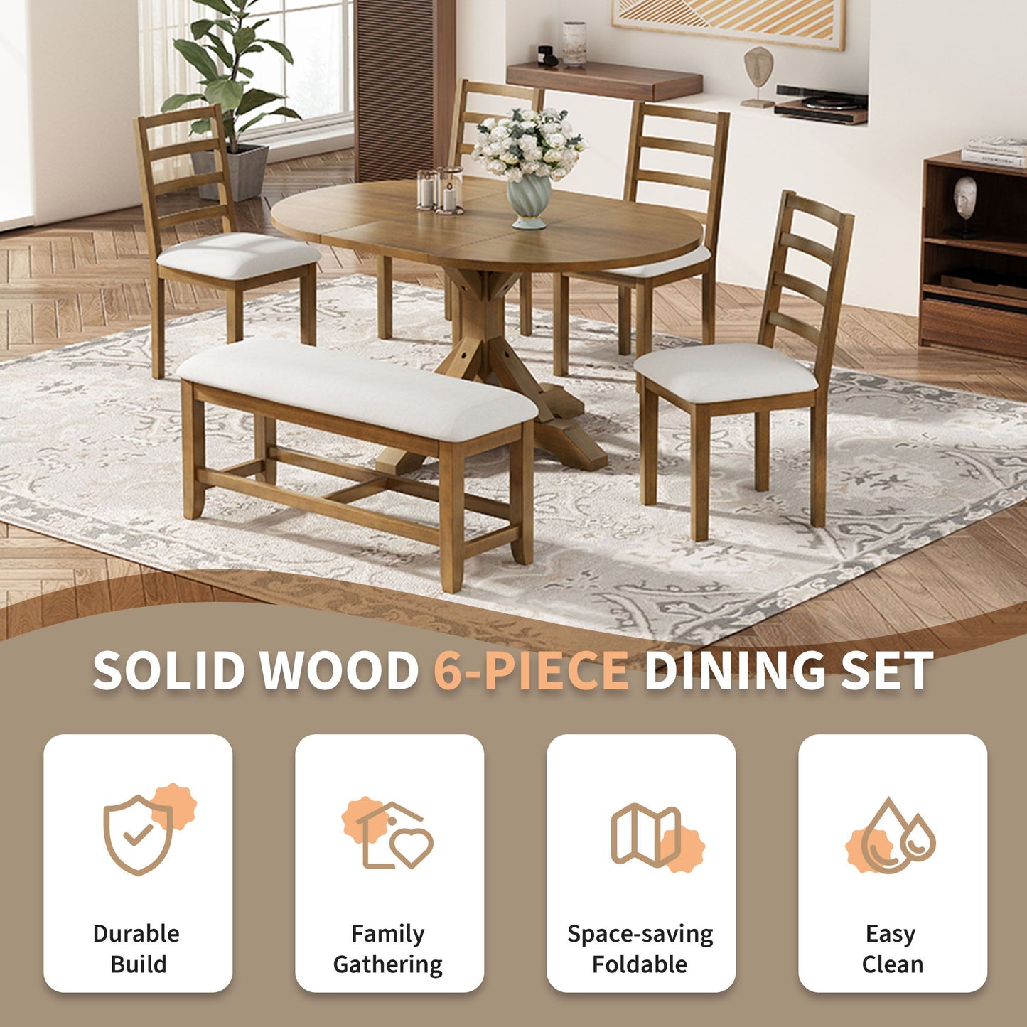 Topmax - 6 Piece Farmhouse Extendable Pedestal Dining Table Set With 18Inch Removable Leaf, Bench And 4 Ladder Back Dining Chairs Hearth and Haven