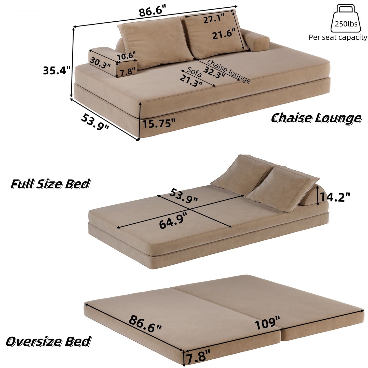 Multifunctional Convertible Sofa Bed With 2 Tumbler Backrests And 2 Pillows, Deep Seat Couch Home Essentials
