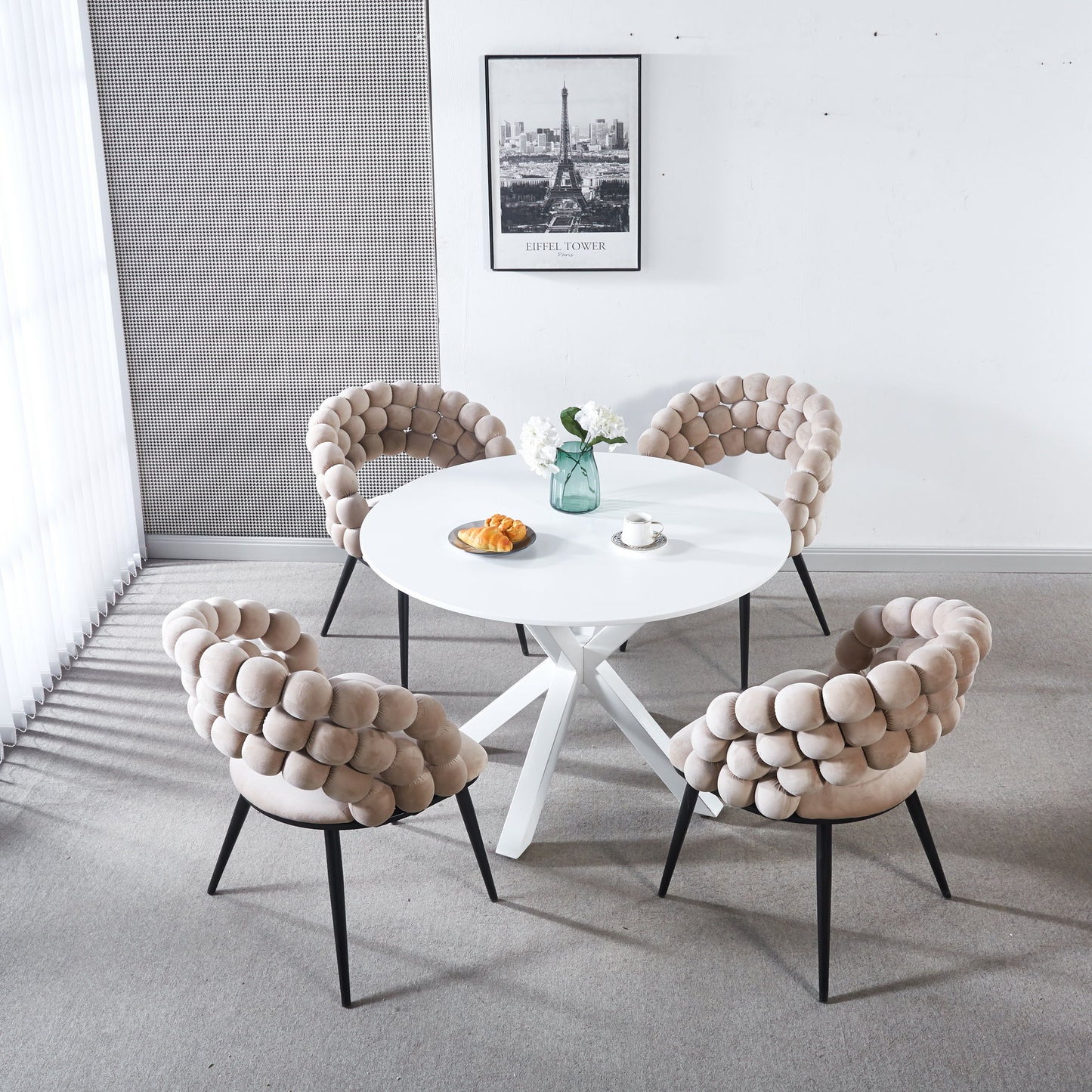 Modern Chair With Golden Color Iron Tube Legs, Soft Cushions And Comfortable Backrest, Suitable For Dining Room, Living Room, Cafe, Hairball Back Home Essentials