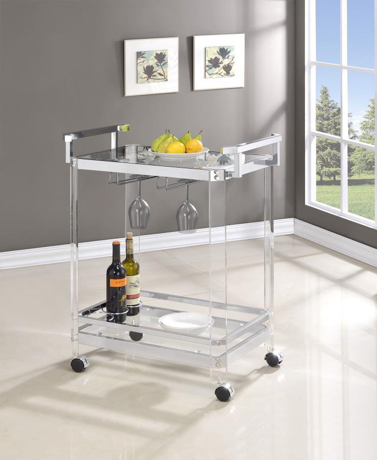 Jefferson - 2-Tier Glass Shelf Acrylic Bar Cart - Chrome CoasterEssence