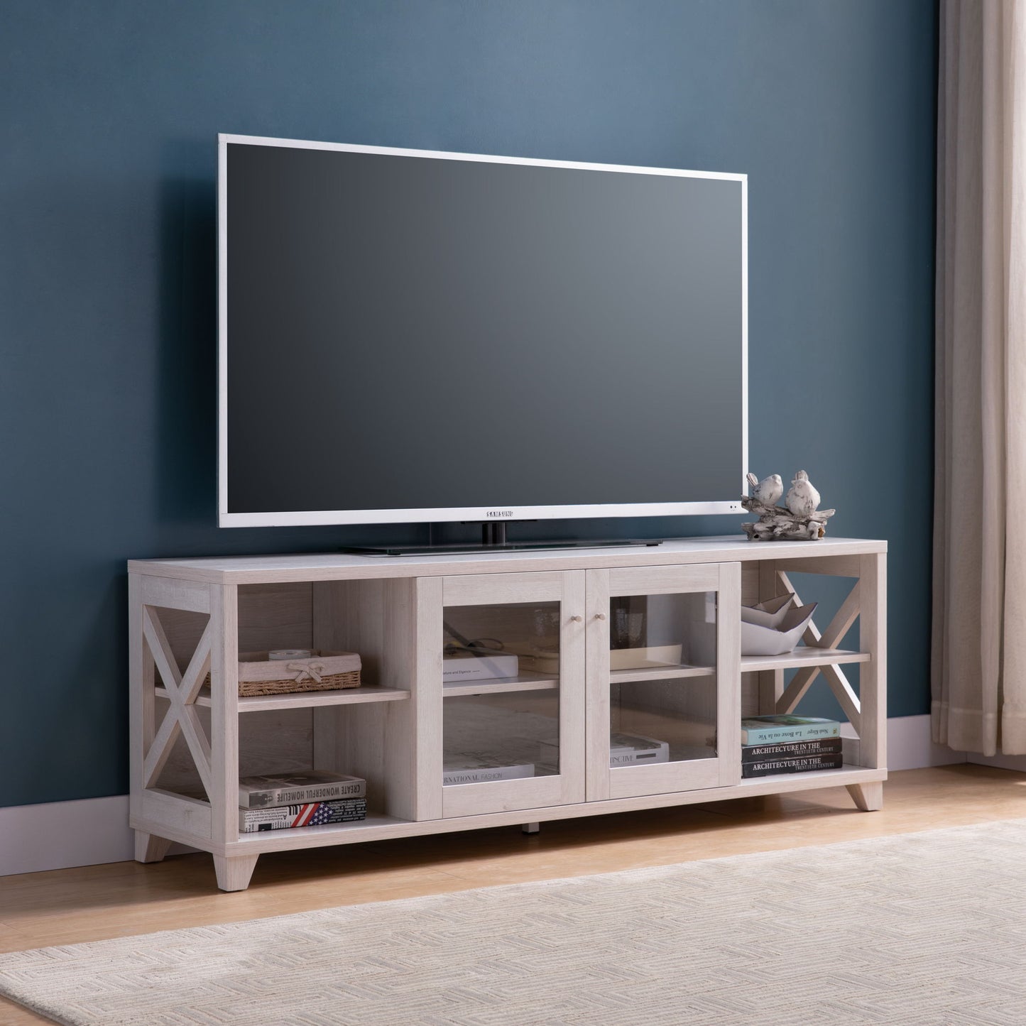 Farmhouse Home Entertainment Center, TV Stand With 4 Shelves And Transparent Center Cabinet - White Oak Home Essentials