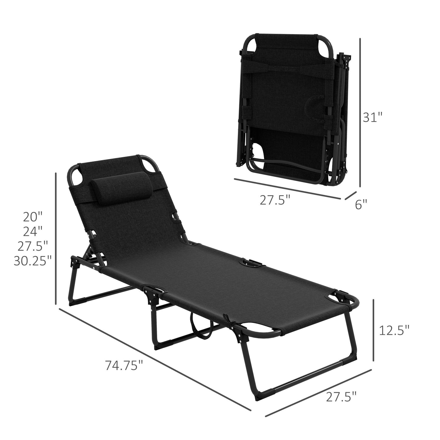 Outsunny - Outdoor Chaise, Adjustable Folding Chaise Lounge With 4-Position Backrest, Magazine Pocket, Removable Head Pillow, Sun Bathing Lounger Chair For Patio, Beach - Gray Home Essentials