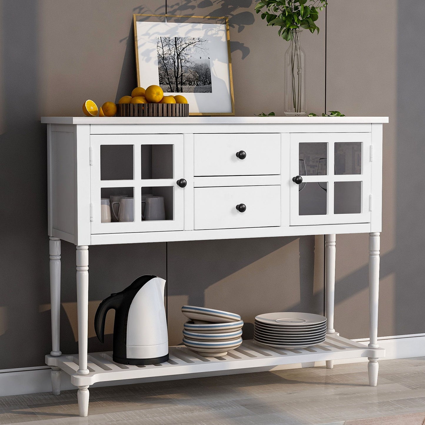 Hearth & Haven Stella Buffet Storage Cabinet With Bottom Shelf, White Hearth and Haven
