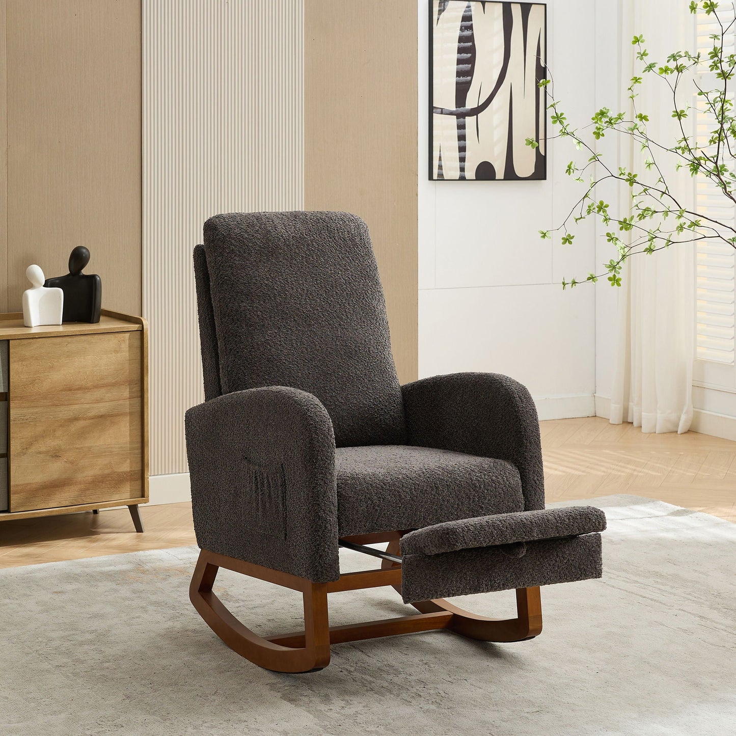 High Back Glider Rocking Chair With Retractable Footrest And Rubber Wood Legs Home Essentials