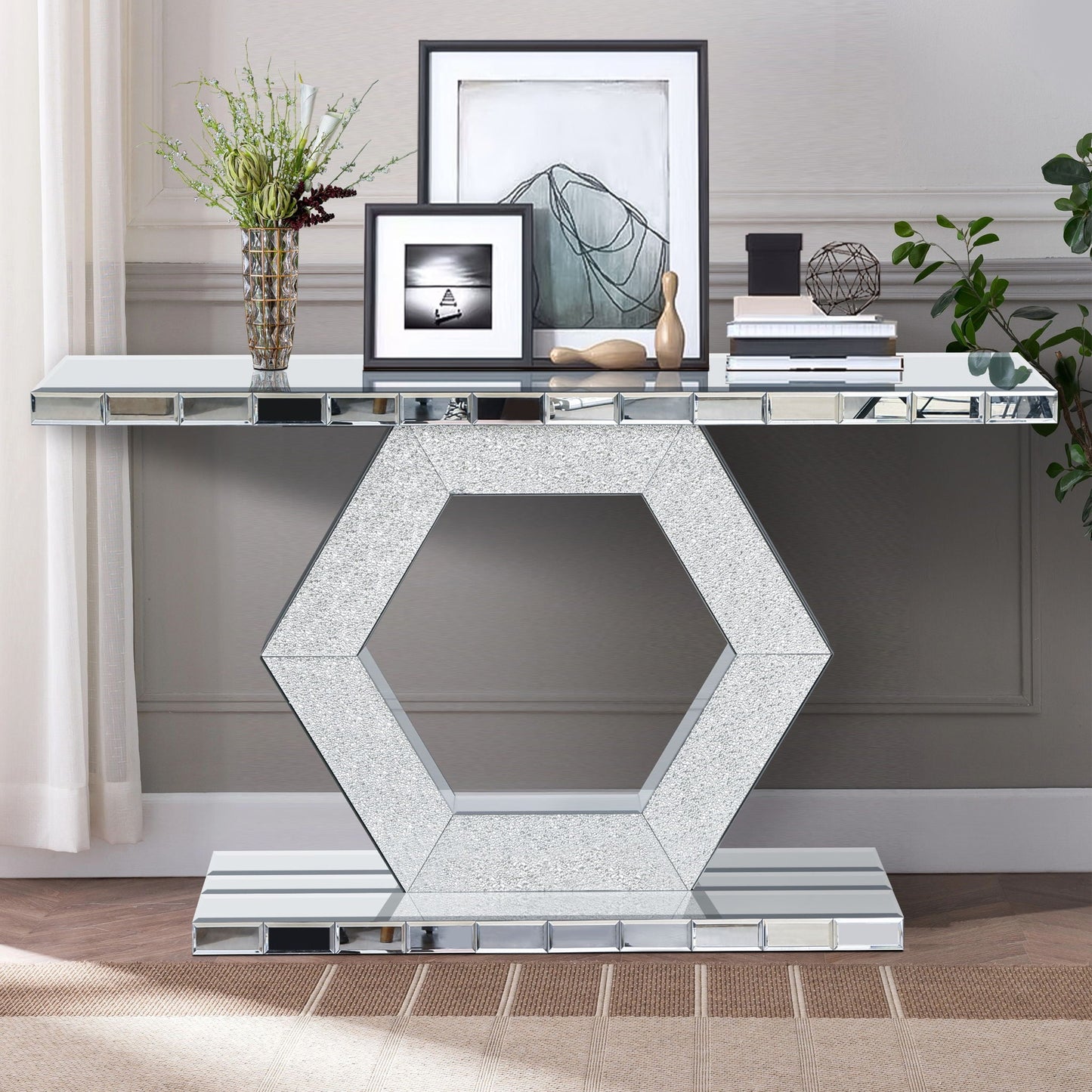 Sparkling Crystal Hexagon Mirror Entryway Premium Modern Foyer Console Table With Diamond Glass Effects, Dual Tier Luxury Sofa Table - Silver Home Essentials