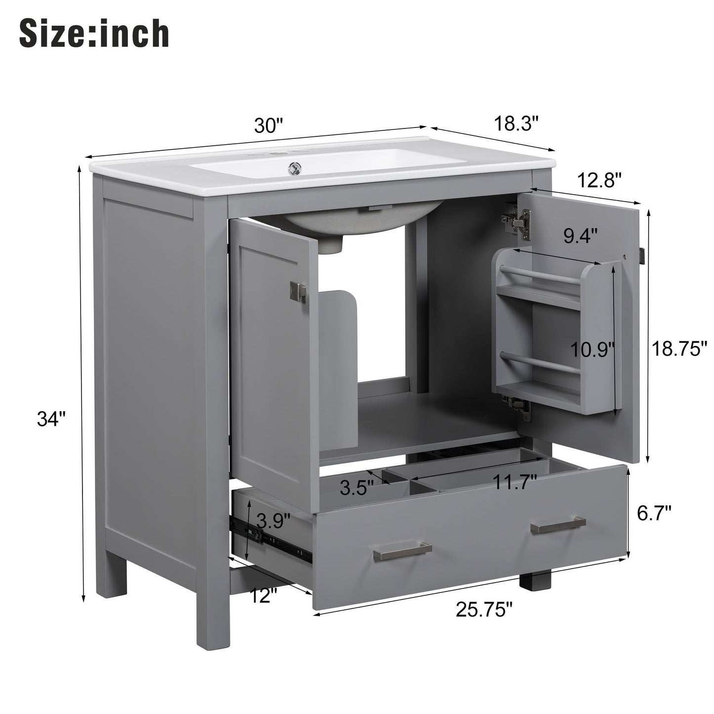 Bathroom Vanity With Single Sink, Combo Cabinet Undermount Sink, Bathroom Storage Cabinet With Two Doors And A Drawer, Soft Closing, Multifunctional Storage, Solid Wood Frame Hearth and Haven