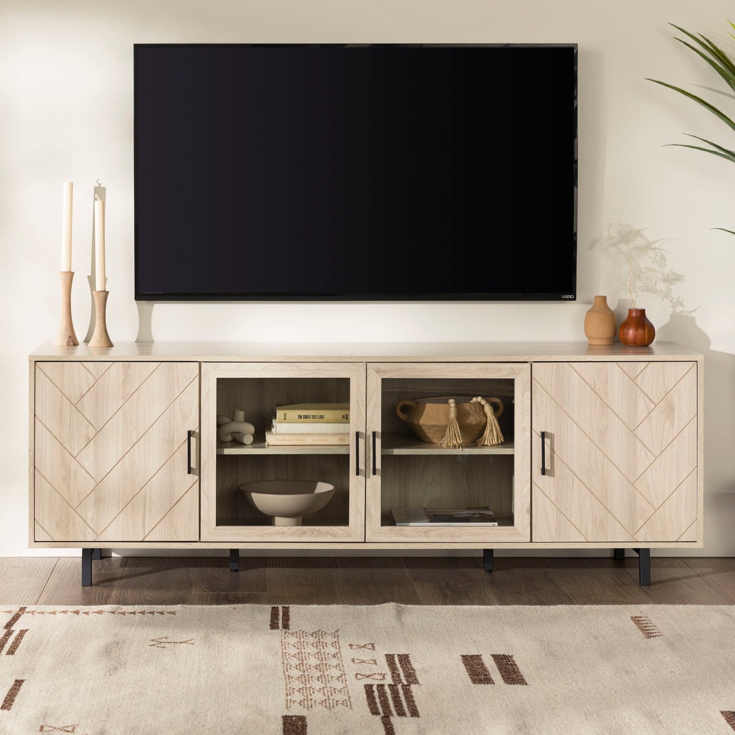 Modern Scandinavian 4 Door Herringbone 70" TV Stand For TVs Up To 80" Walker Edison