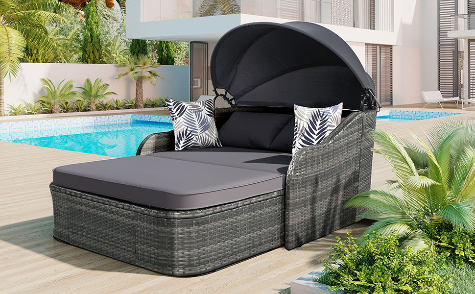Outdoor Sunbed With Adjustable Canopy, Daybed With Pillows, Double Lounge, PE Rattan Daybed Hearth and Haven