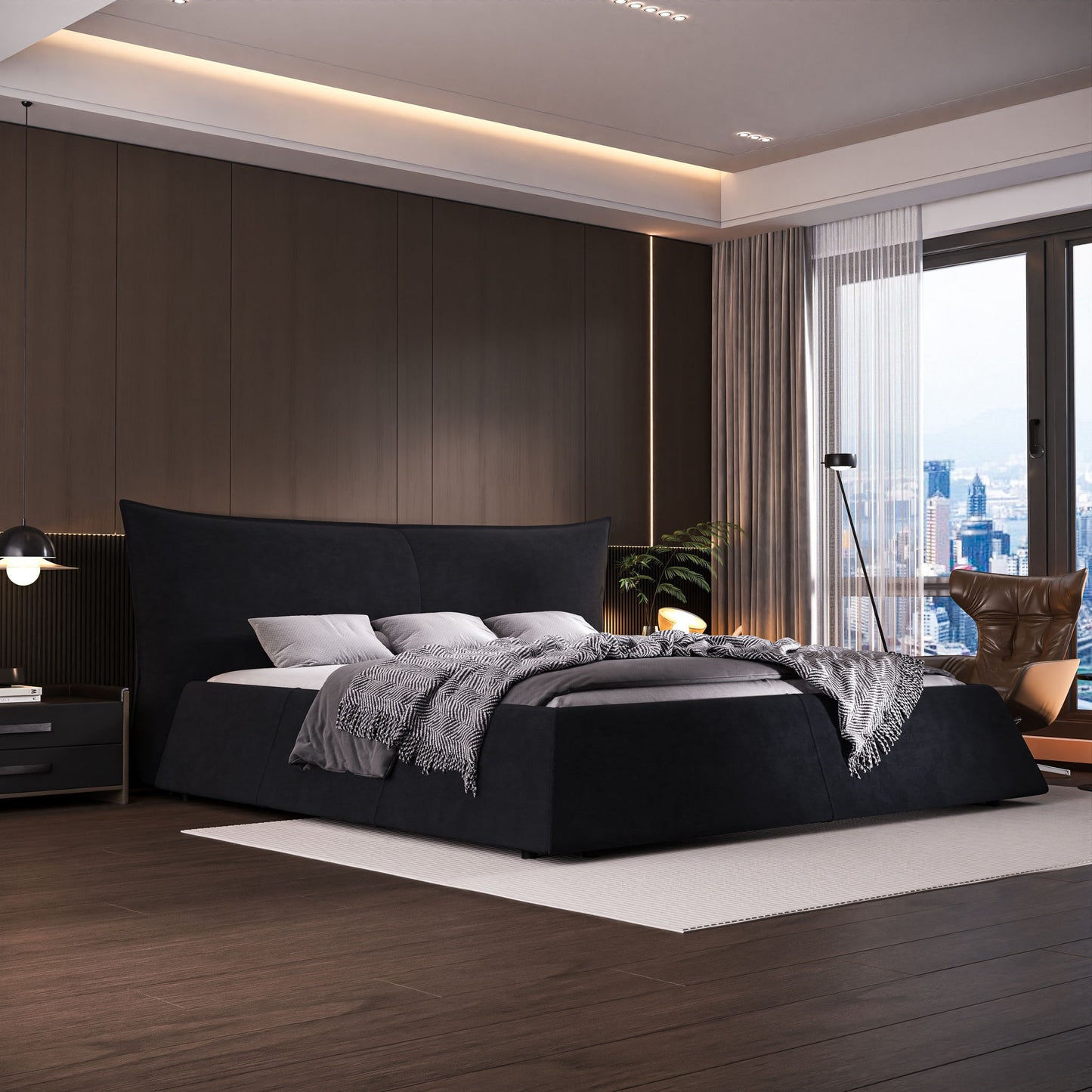 Upholstered Platform Bed With Special Shaped Velvet Headboard Home Essentials